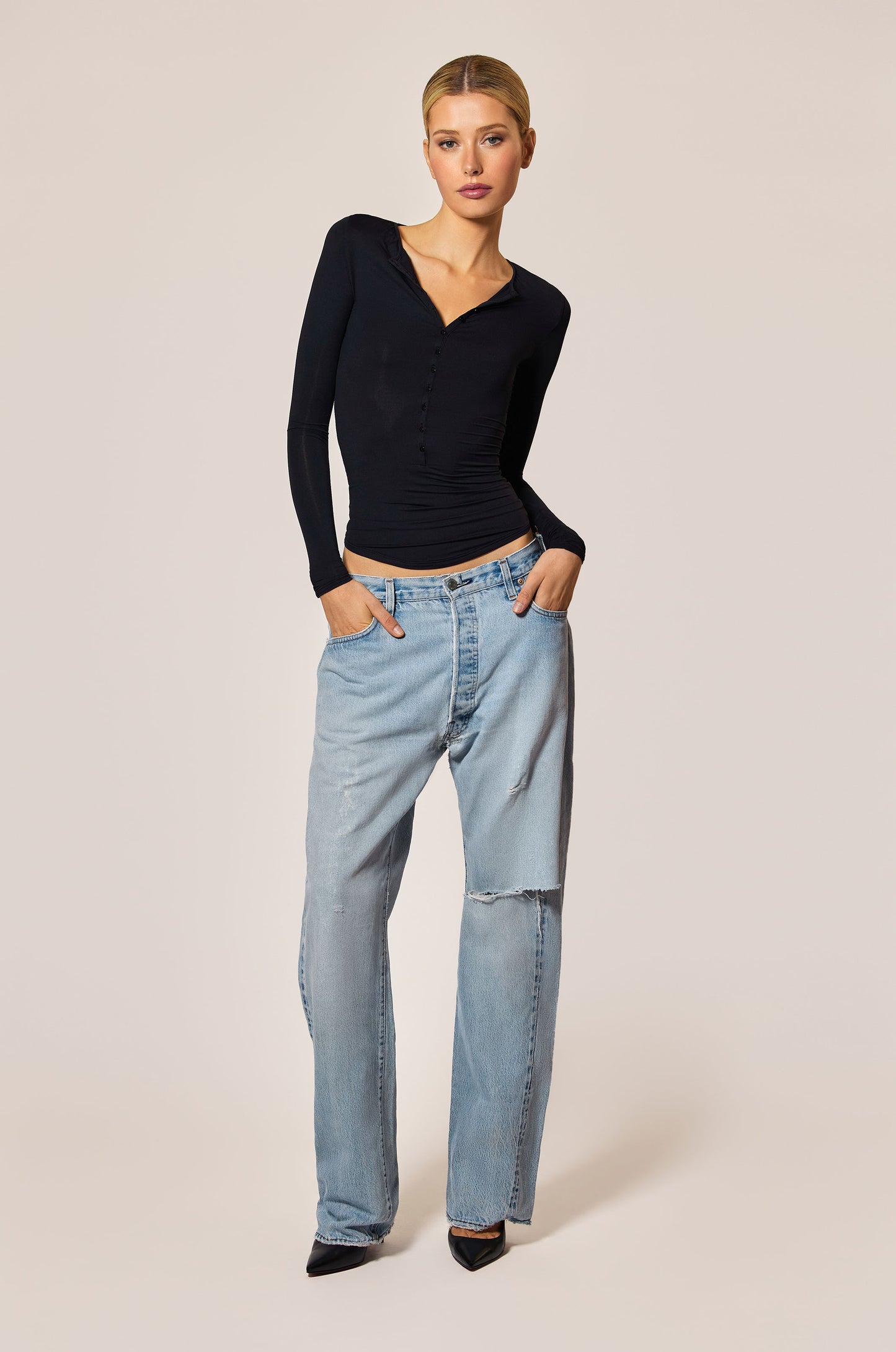 Black Henely Buttons Long Sleeve  Front