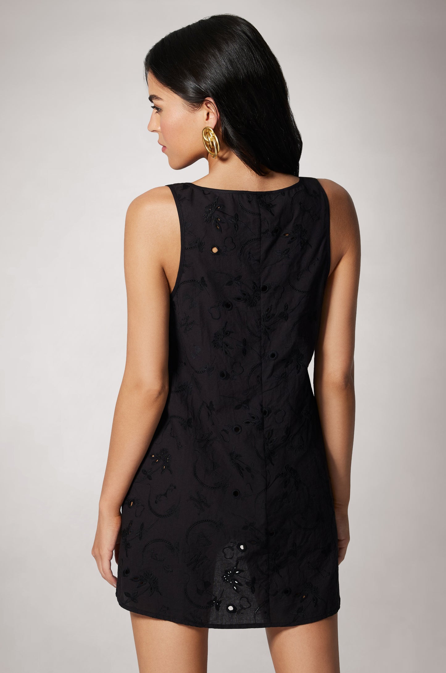 Black Scoop Neck Wide Strap Loose Fit Eyelet Cover Up Mini Dress Back