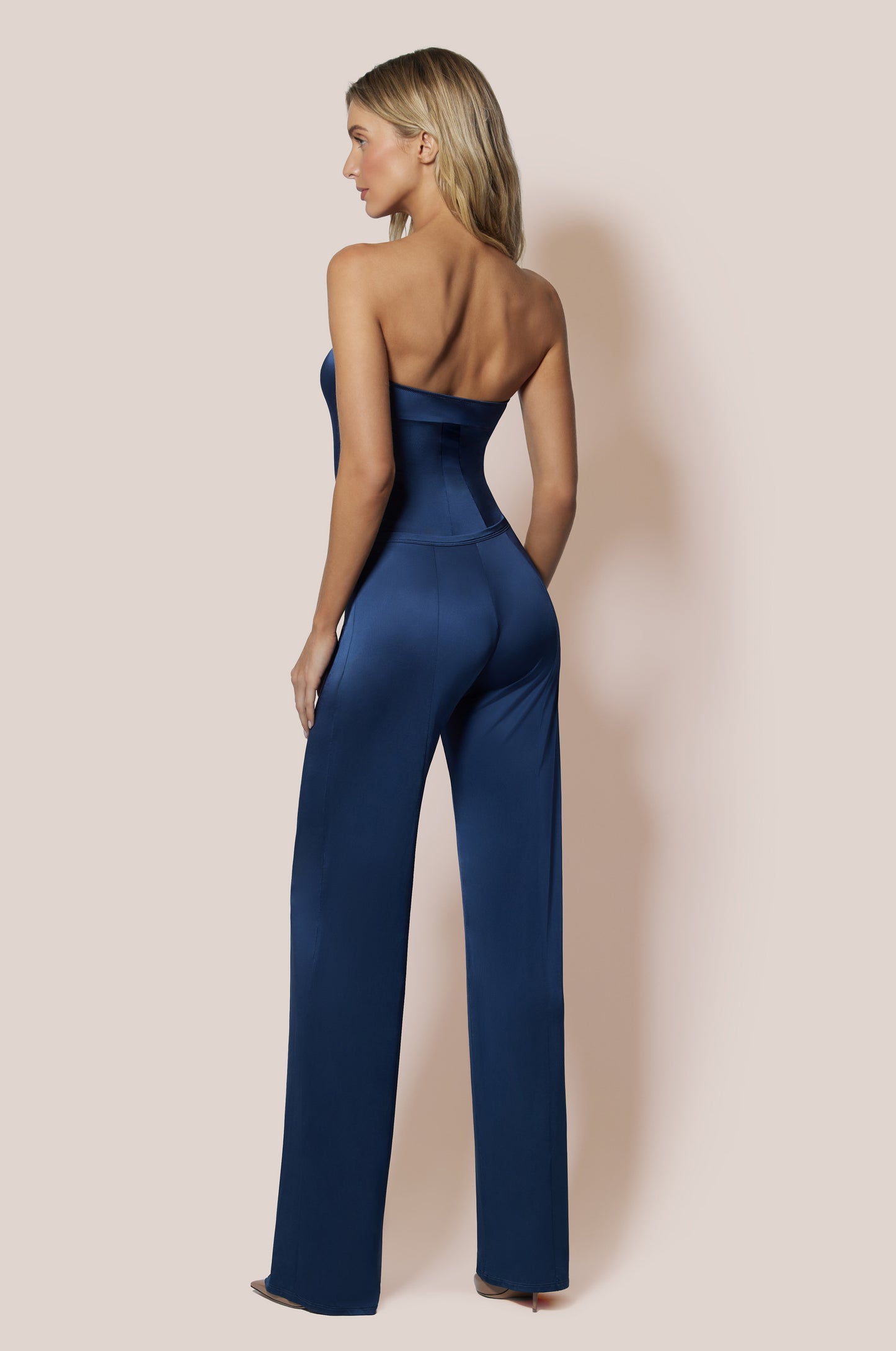 French Navy Silk Shiny Fitted Strapless Bodysuit and Silk Mid Rise Wide Leg Long Trouser Pant Back