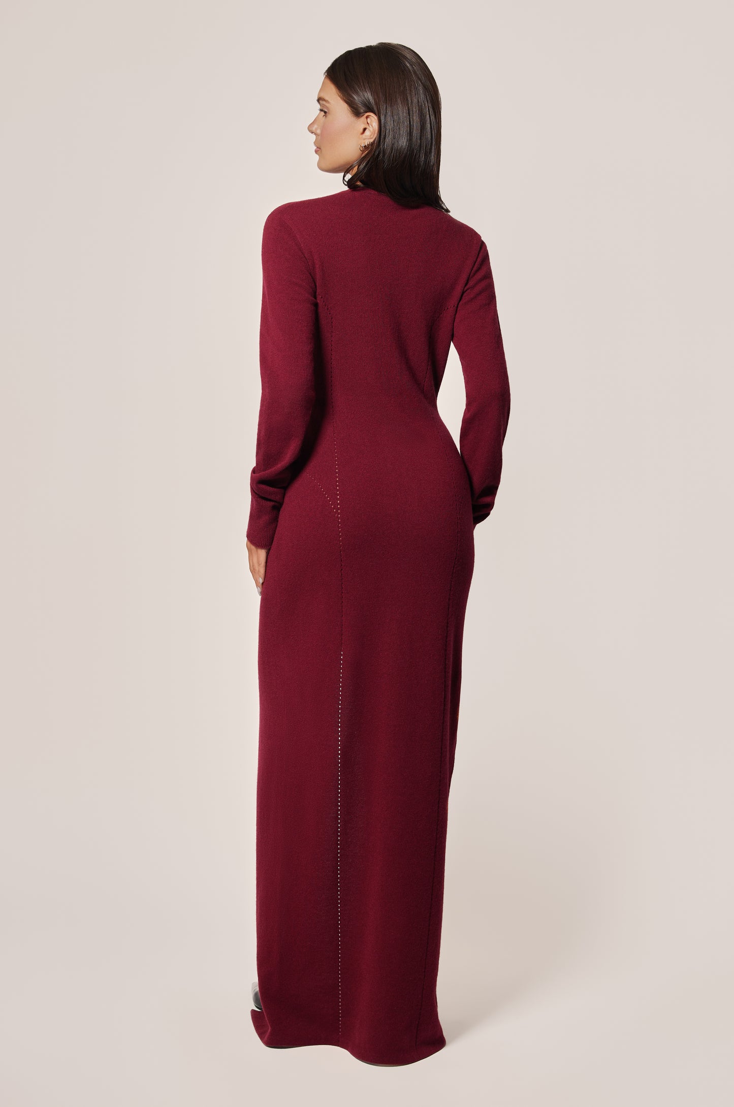 Red Cashmere Knit Long Sleeve Plunge Zipper Maxi Dress Back