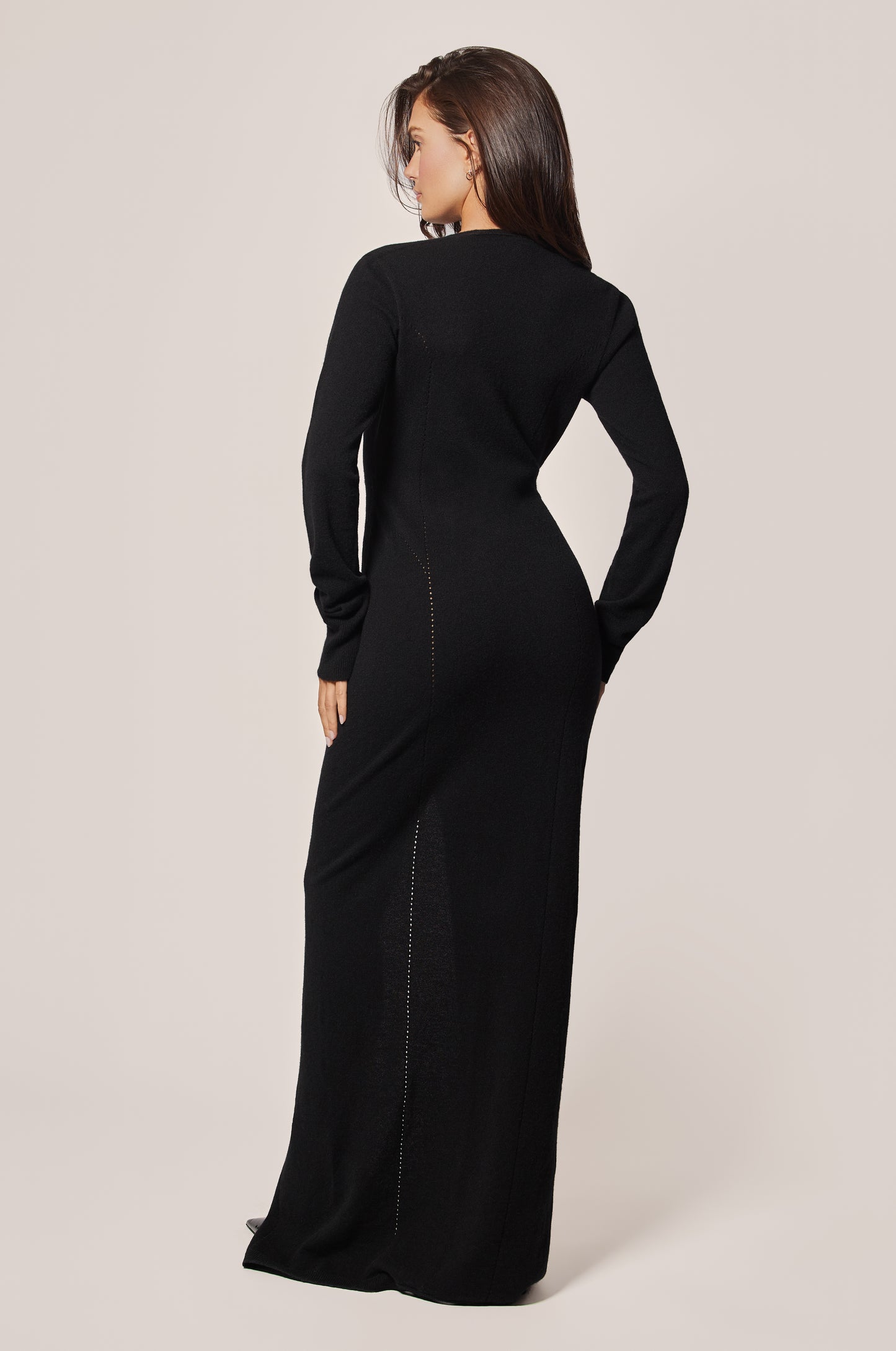 Black Cashmere Knit Long Sleeve Plunge Zipper Maxi Dress Back