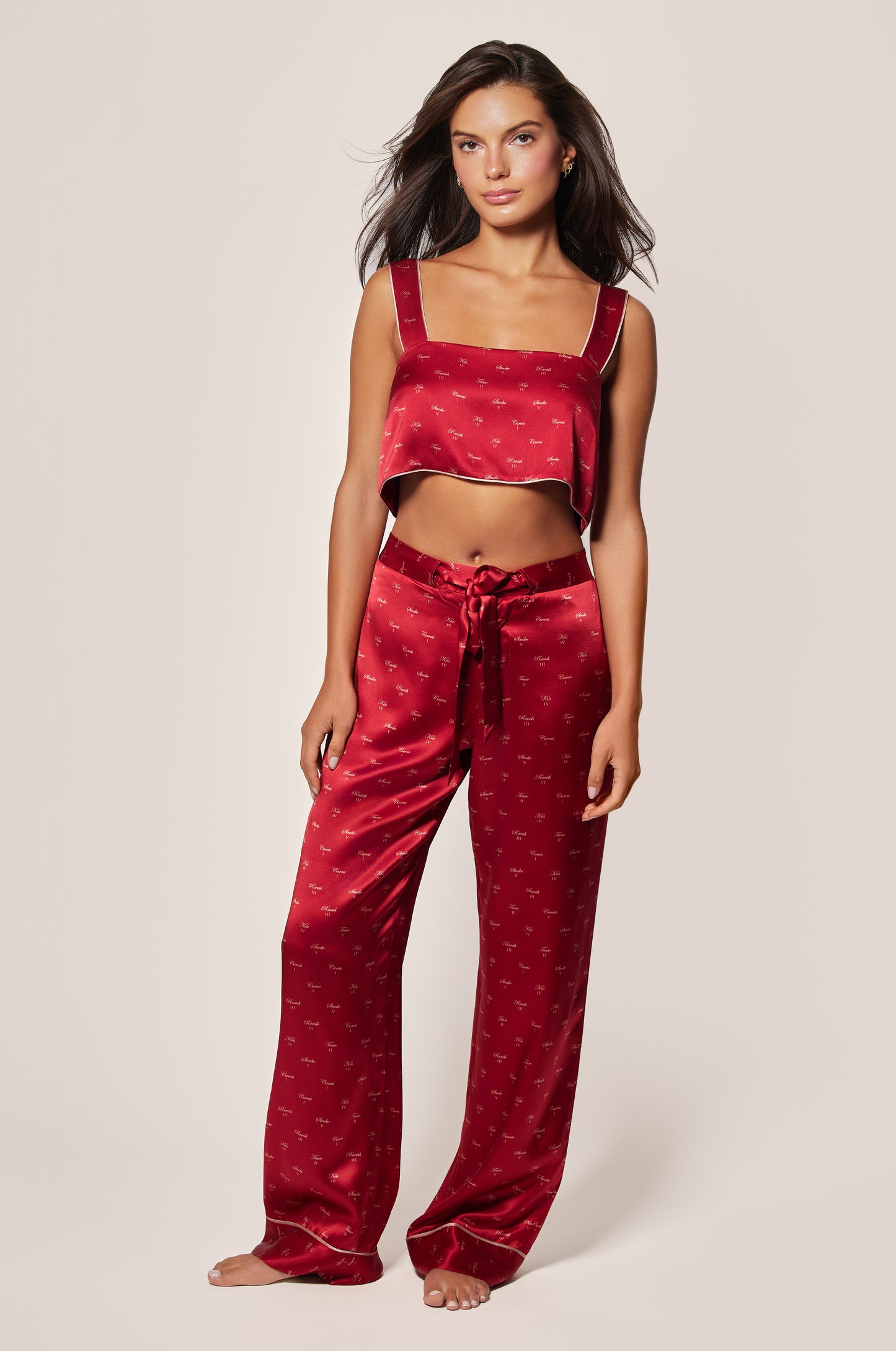 Red and Buff Light Pink Silk Satin Kiss Motif Printed Bandeau Straps Top and Light Pink Silk Satin Kiss Motif Printed Tie Pajama Pant Front