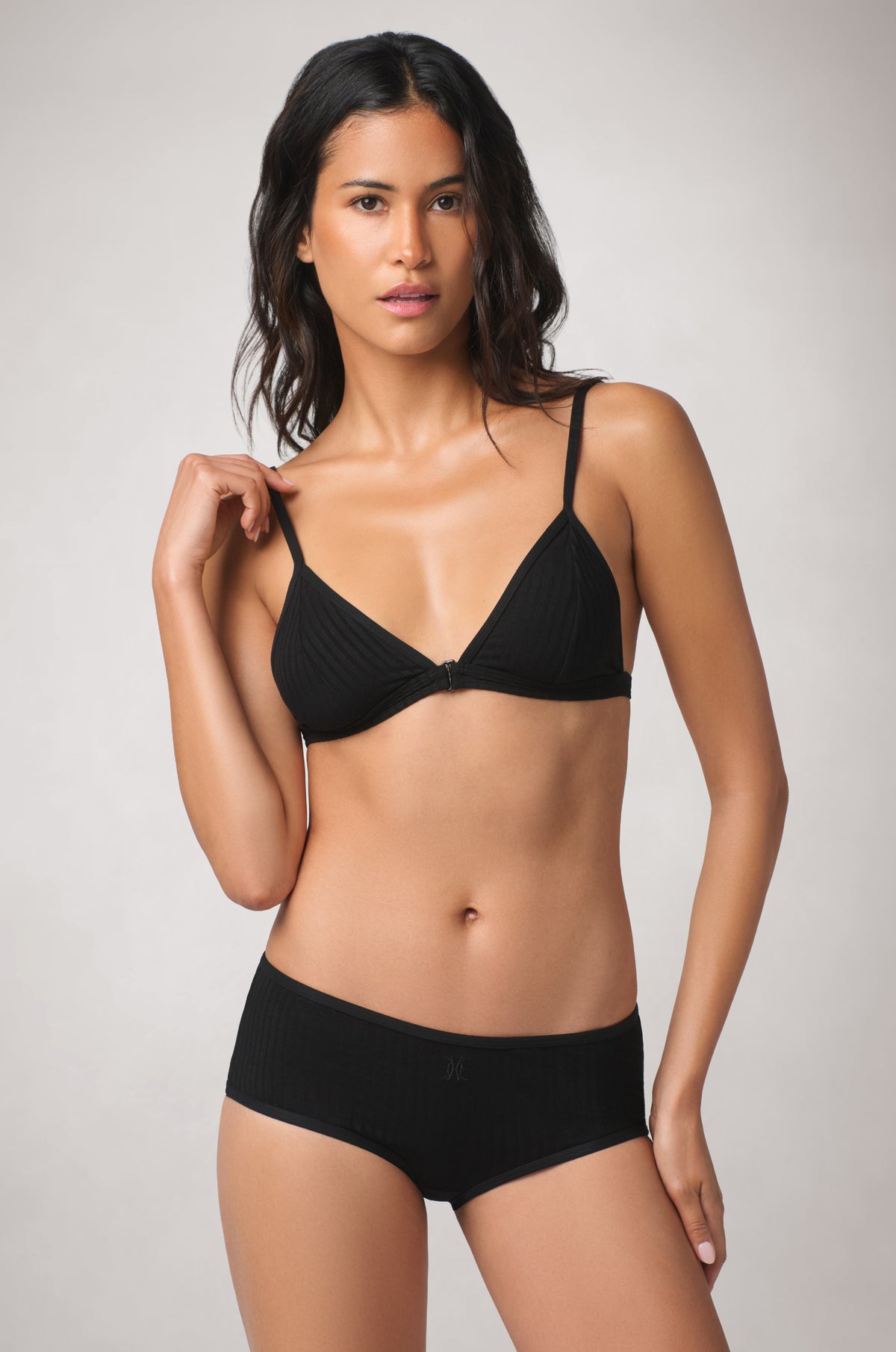 Kiki de Montparnasse Le Boy Soft Bra and Le Boy Hipster underwear in black stretch rib knit