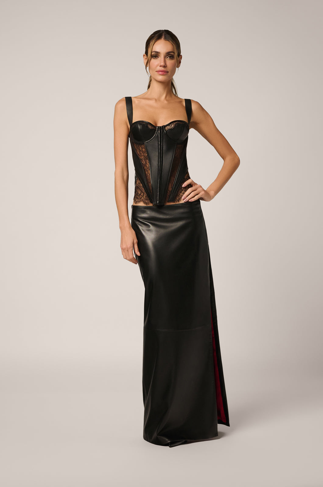 Lambskin Leather corset top with lace details and lace up closure in back front view