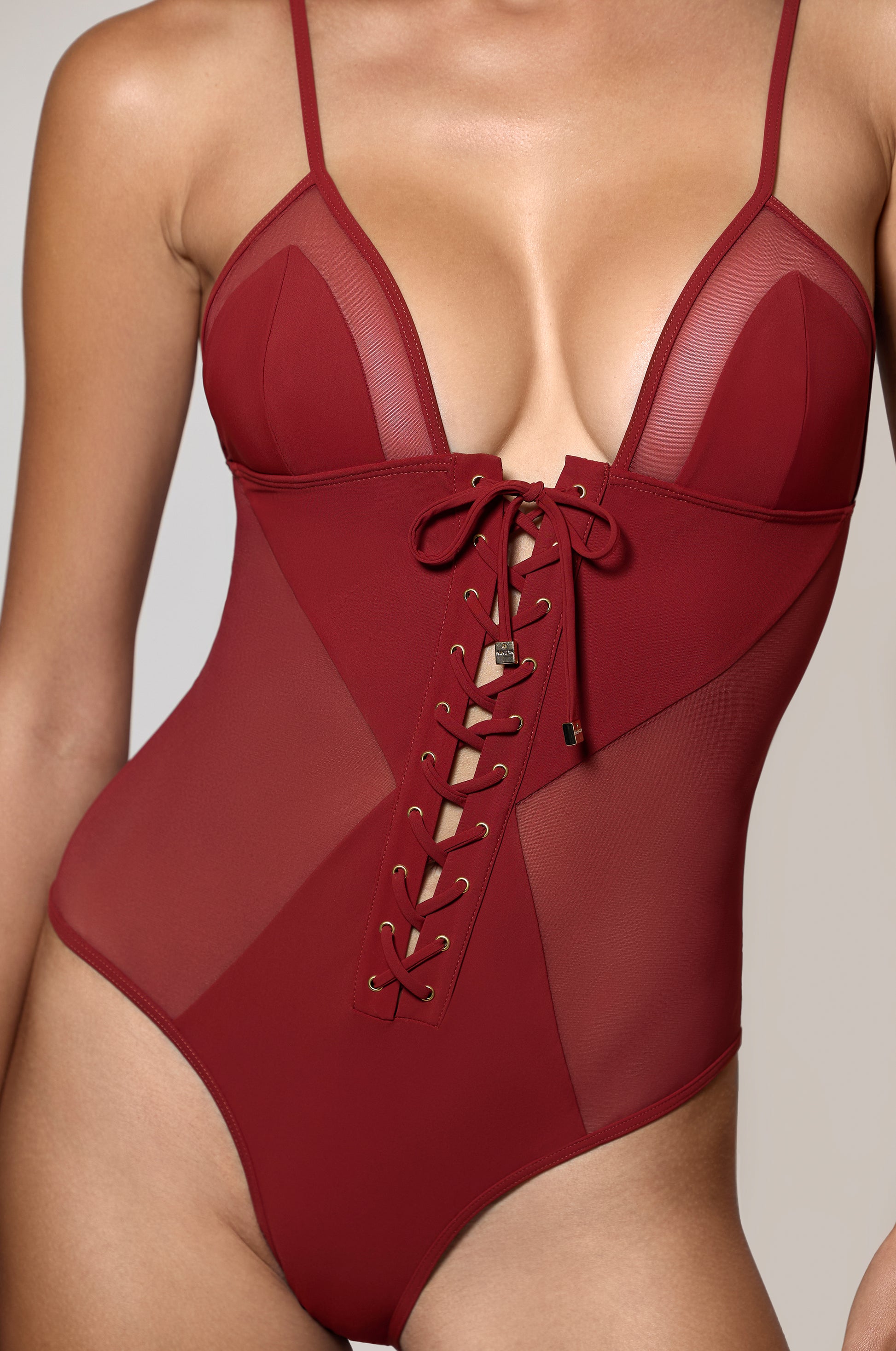 Clay Red Mesh Panel Front Lace Up Swim One Piece Swim Bathing Suit Front