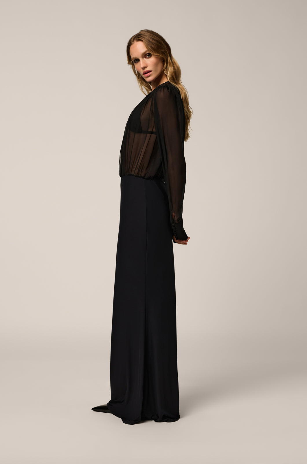 Long sleeve maxi dress with open tie in front and chiffon-covered buttons side view