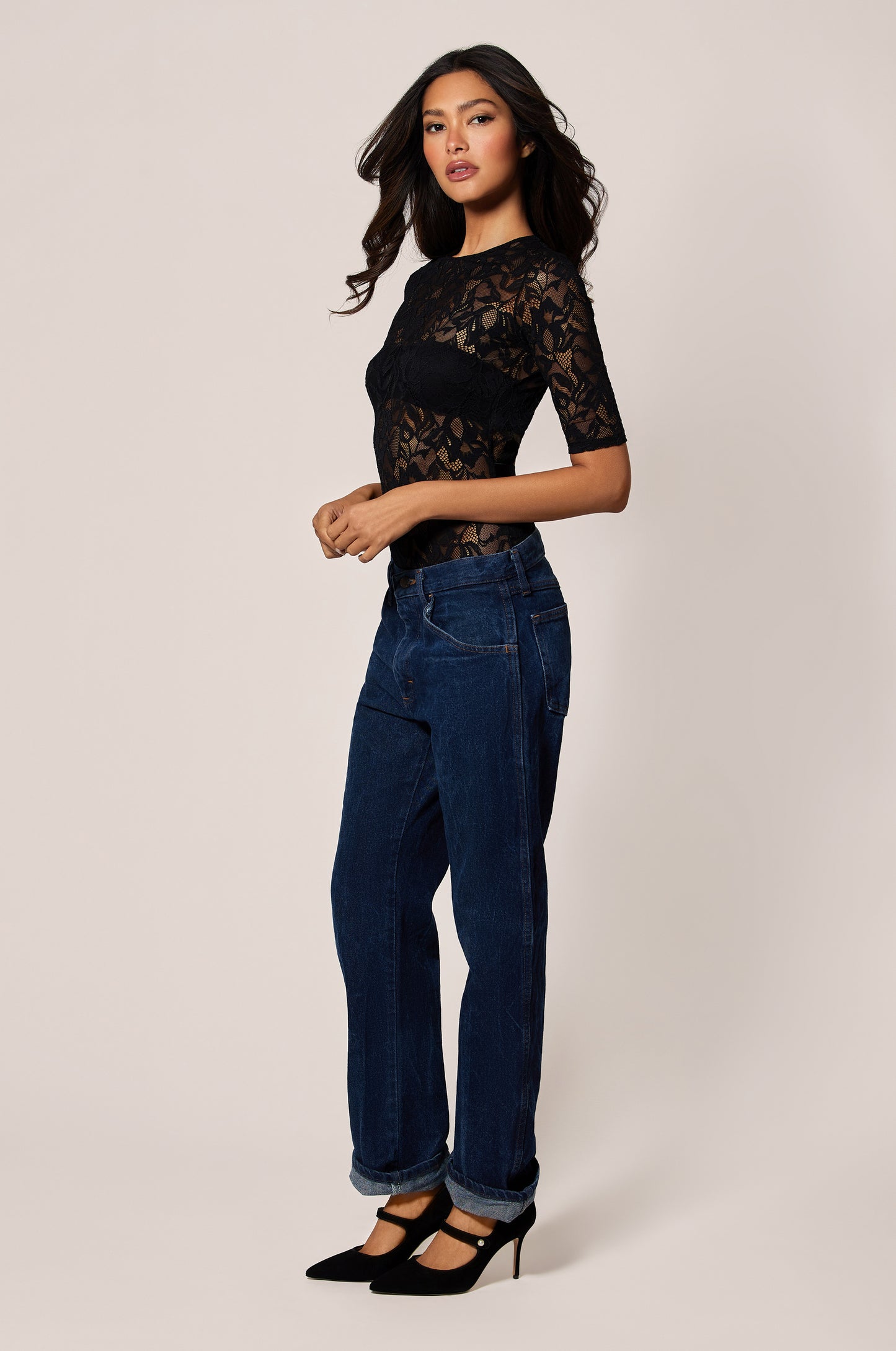 Black Floral Lace Soft Stretch Unlined Bodysuit, side