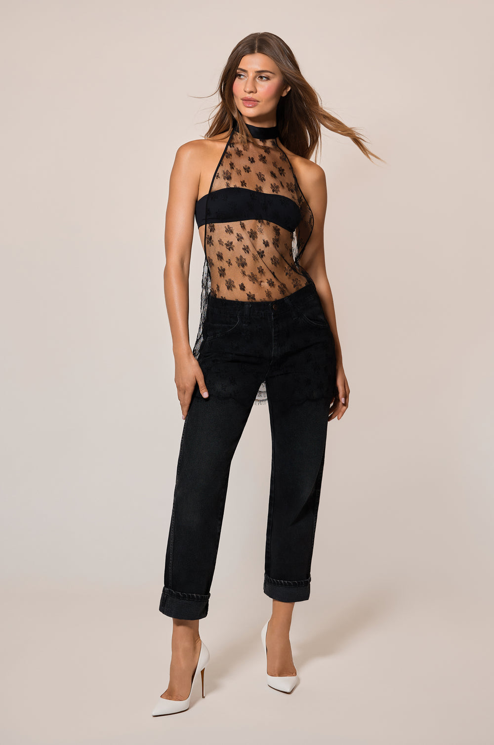 Black Lace Unlined Halter Mini Slip Dress Front