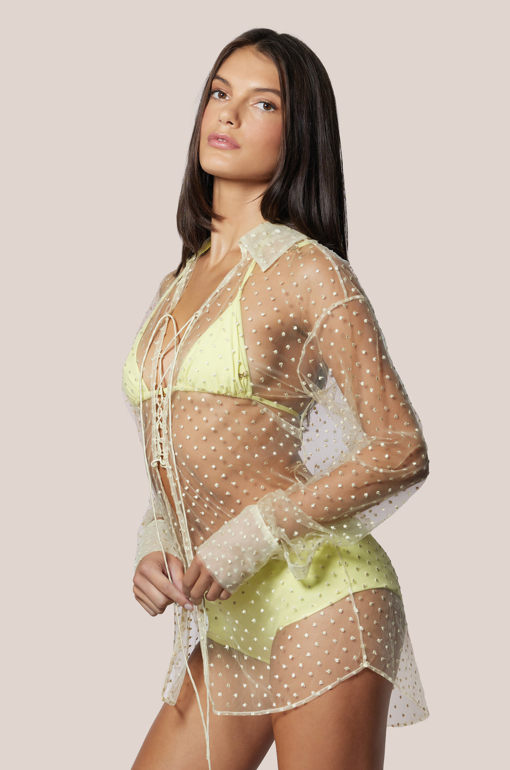 Citron Bright Yellow Lace Mesh Polka Dot Embroidery Lace Up Top Up Top SIDE