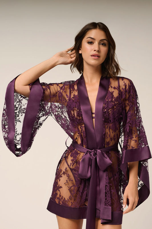 Semi-sheer lace kimono style robe with silk detail and tie close up front view
