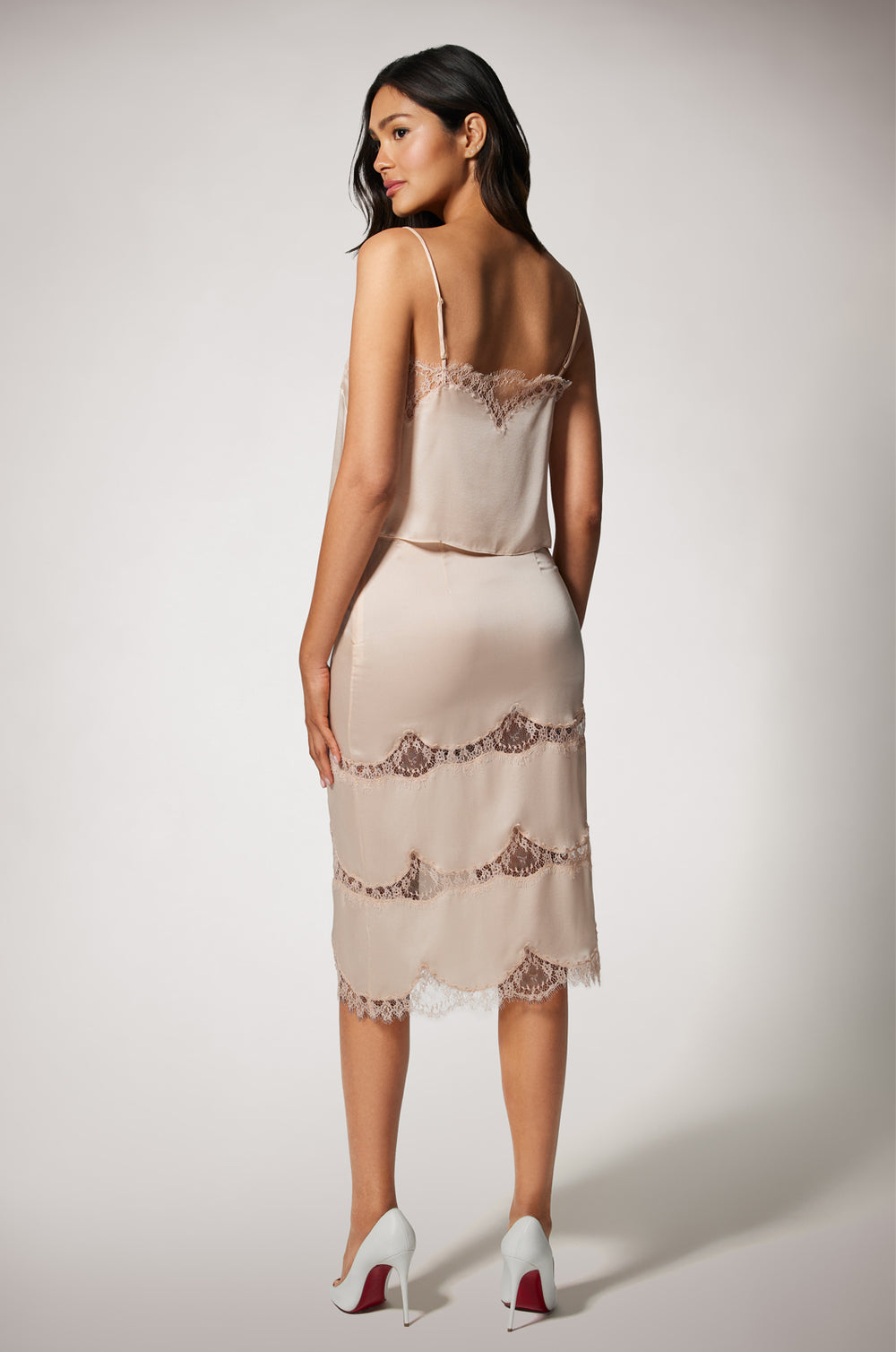 Light Pink Spaghetti Strap Lace Inset Relaxed Fit Cropped Camisole  & Tiered Midi Skirt  Back