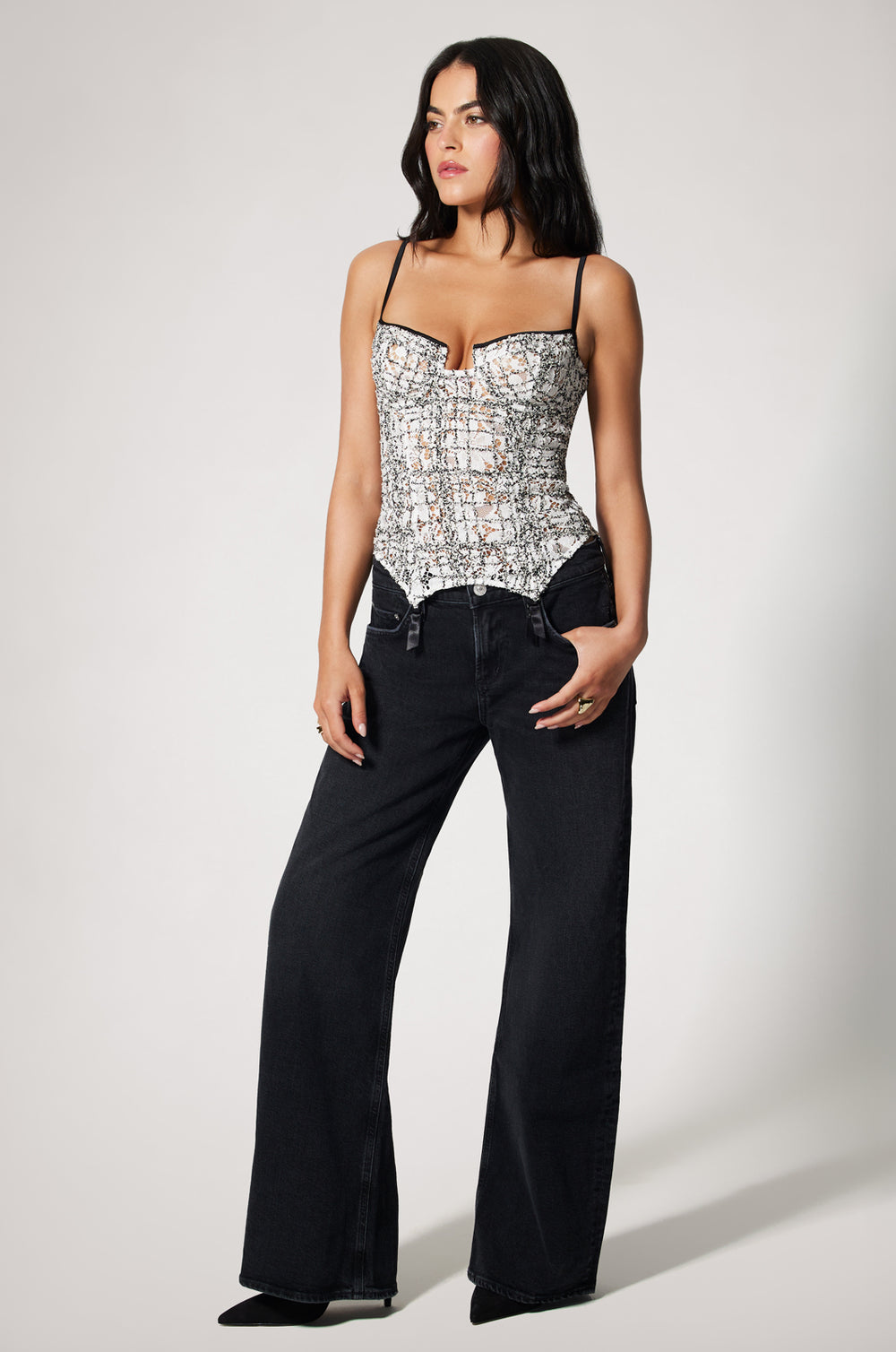 Black and White Tweed Sleeveless Garter Bustier Top Front 