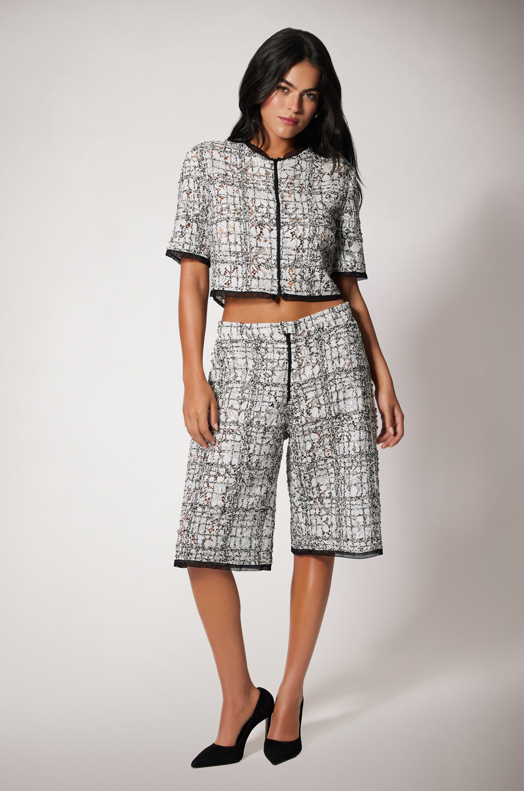 Black and White Tweed Mid Rise Knee Length Bermuda Shorts and Cardigan Front