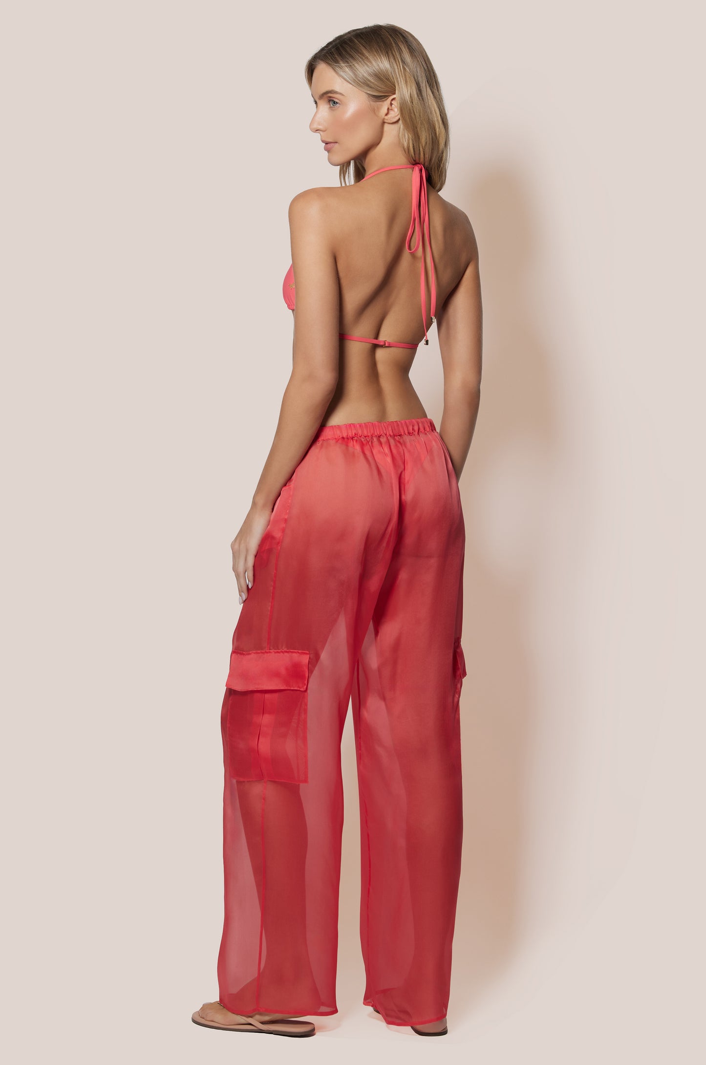Bright Salmon Pink Organza Wide Leg Long Pant with Pockets back