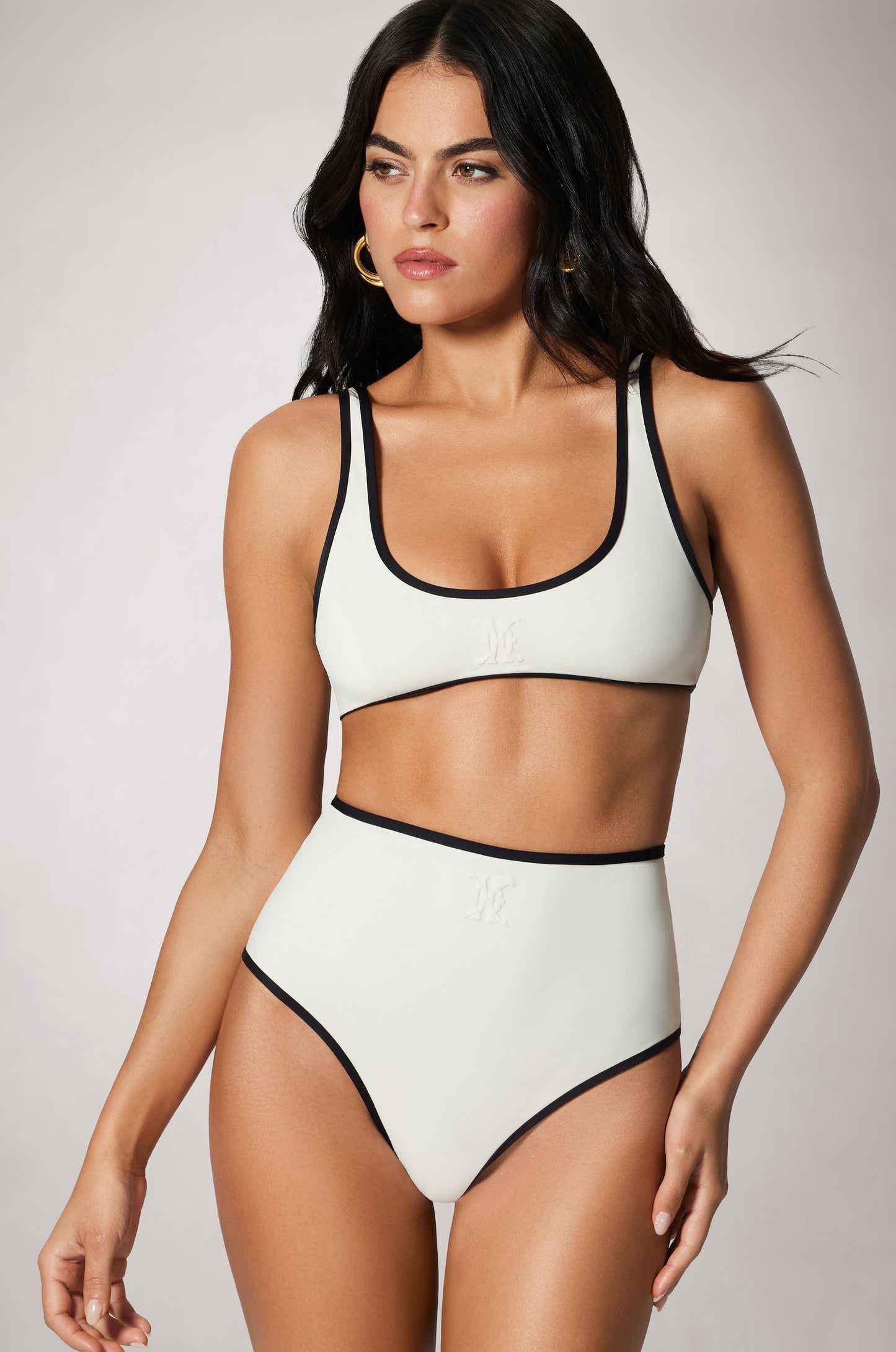 White/Black Contrast Trim Scoop Neck Wide Strap Bikini Top and HW Bottom Front