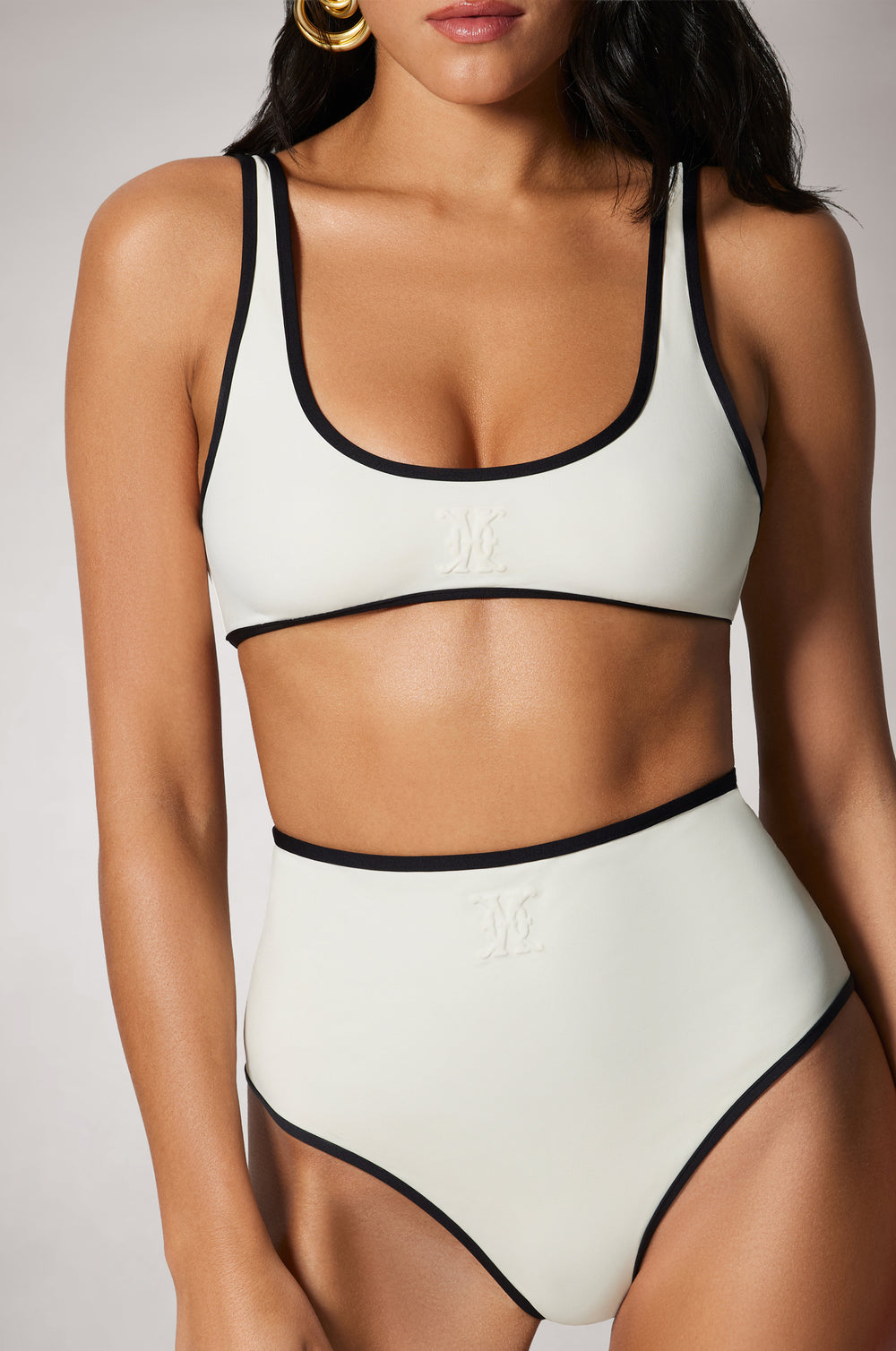 White/Black Contrast Trim Scoop Neck Wide Strap Bikini Top and HW Bottom Front