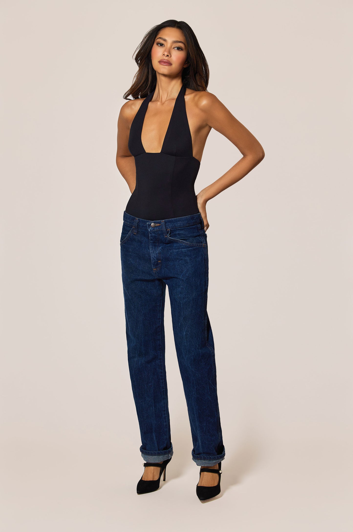 Black Halter Neck Bodysuit Front