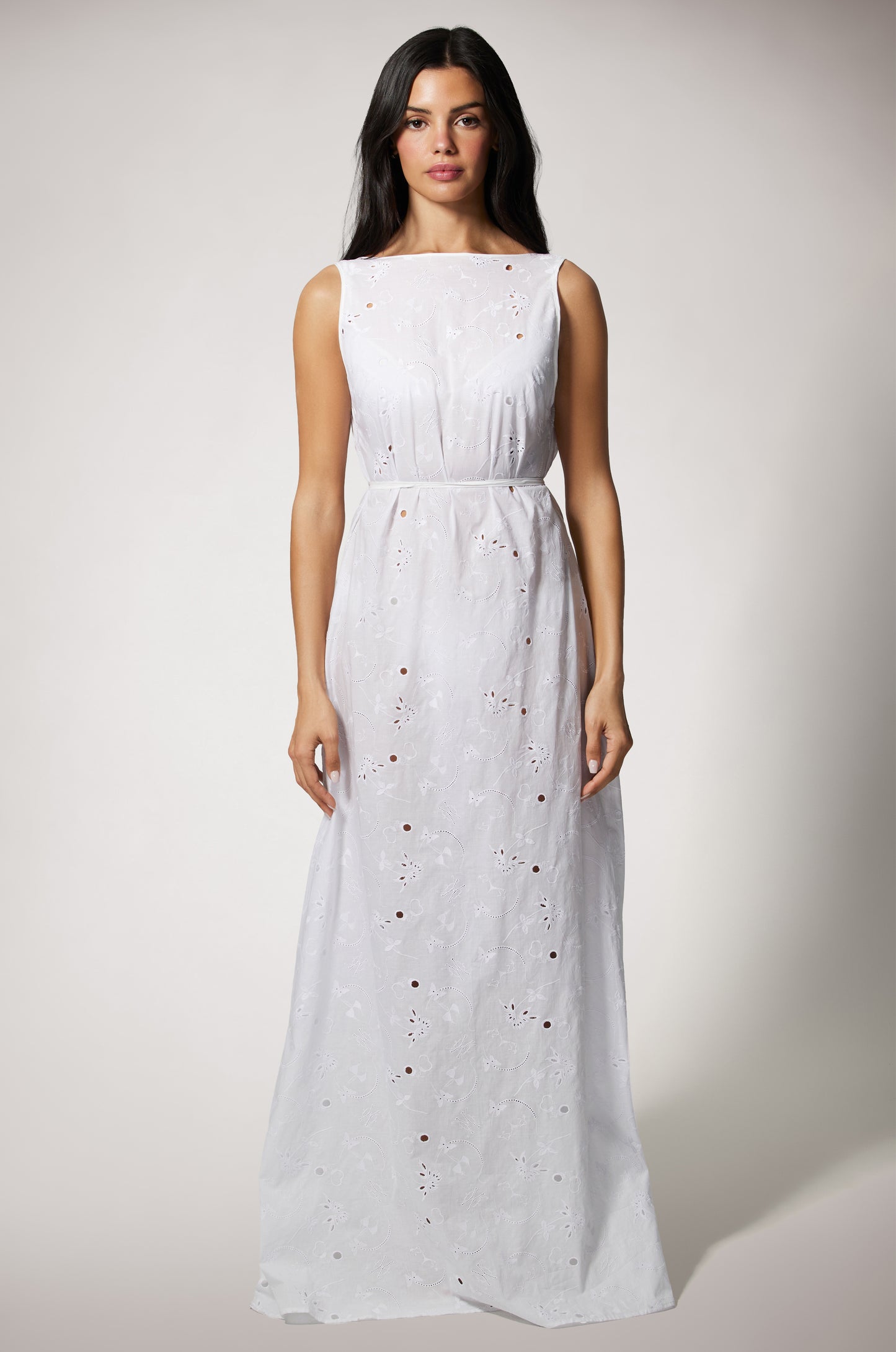 White High Neck Low Back Loose Fit Eyelet Cover Up Maxi Dress Front