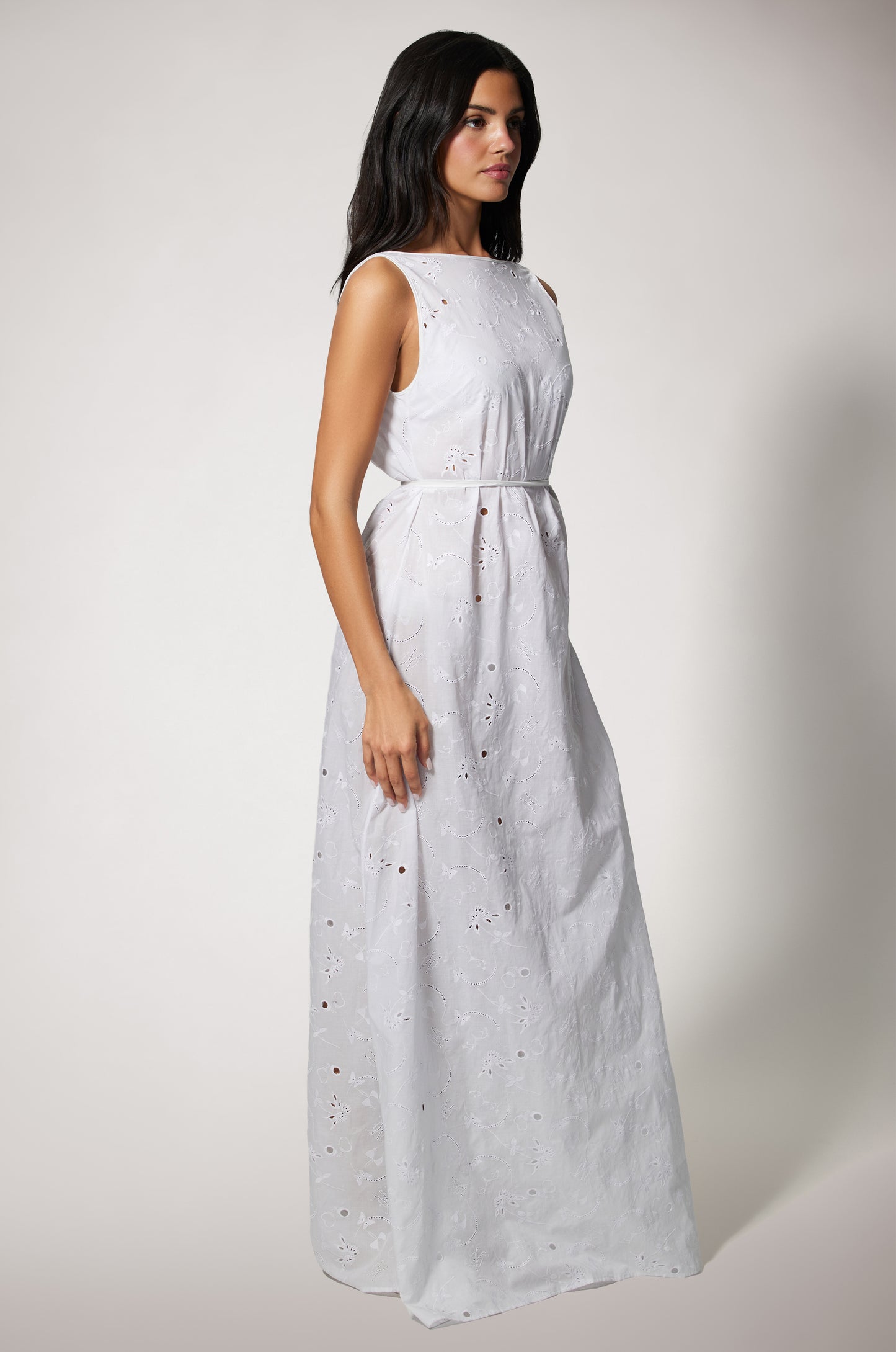 White High Neck Low Back Loose Fit Eyelet Cover Up Maxi Dress Side