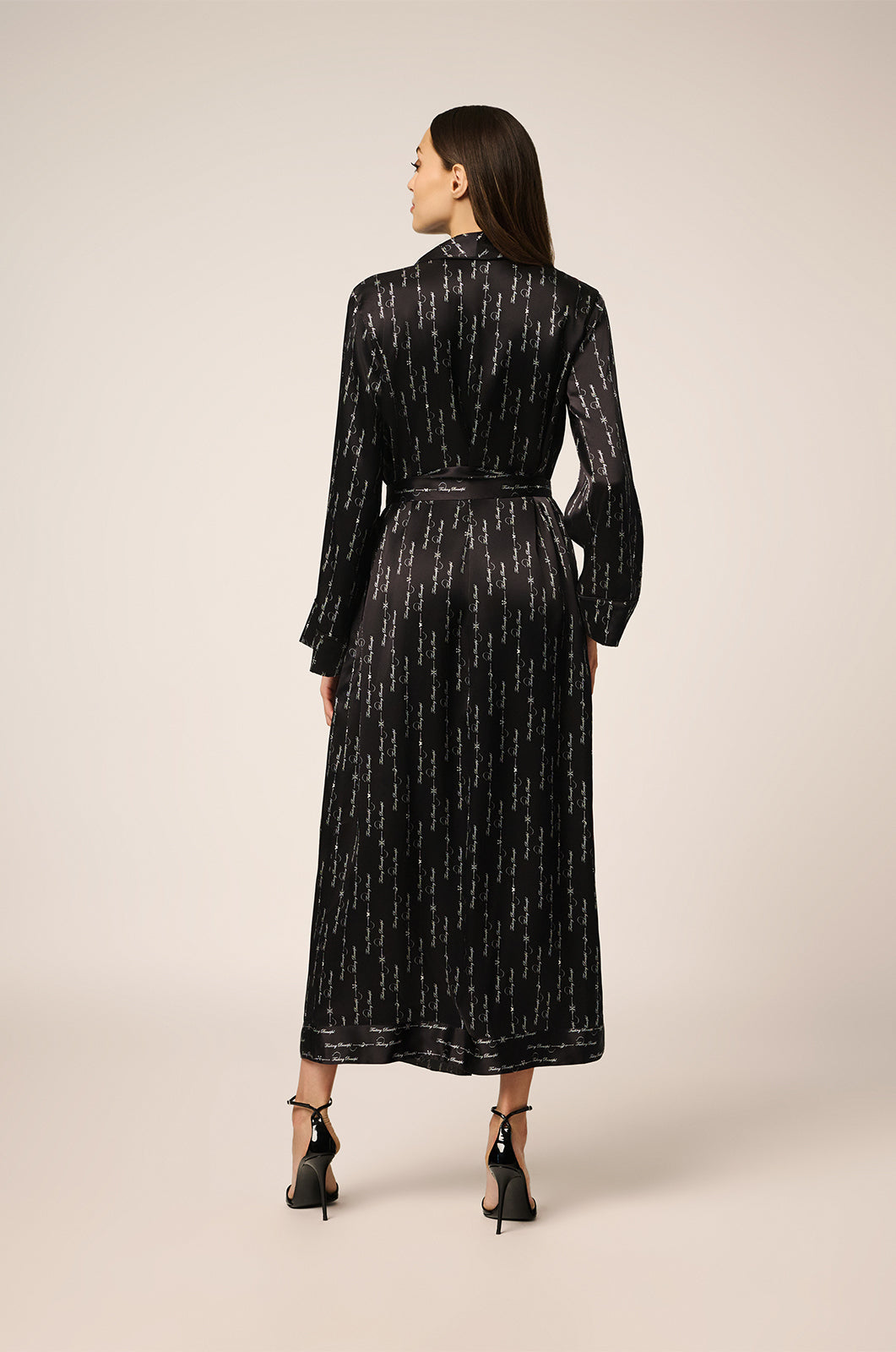 Black/white silk long robe with KIKIDM writing back view