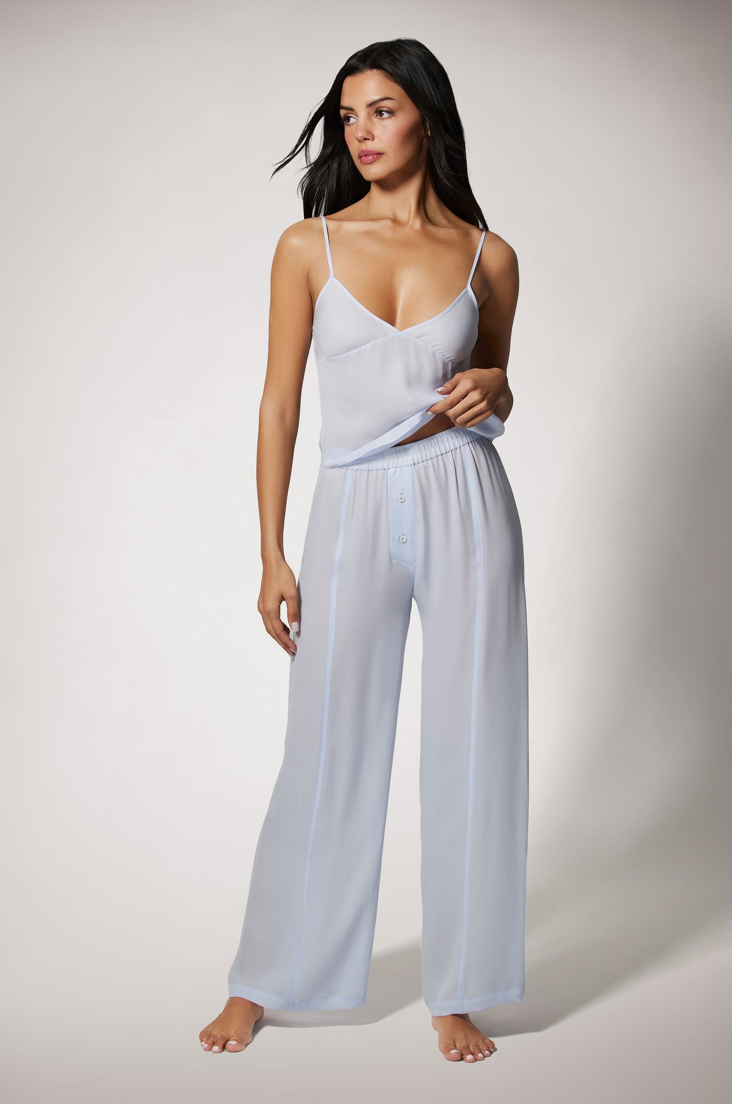 Light Blue Cinched High Waist Two Button Loose Fit Lightweight Boxer Pant