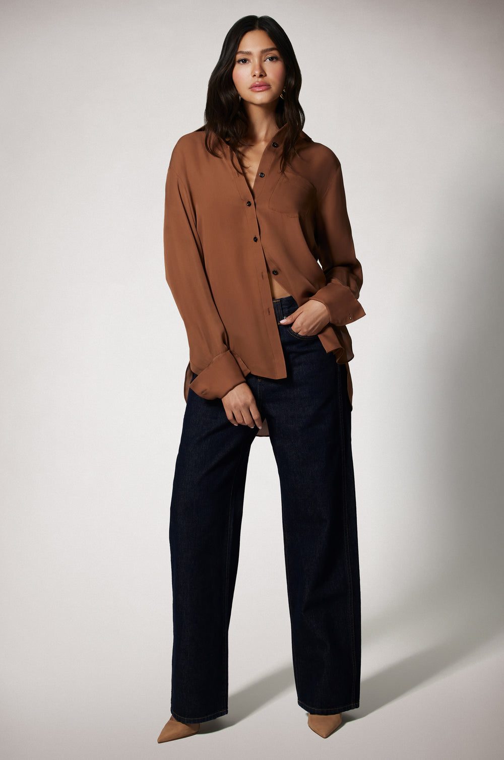 Light Brown Silk Georgette Button Up Lightweight Shirt Front
