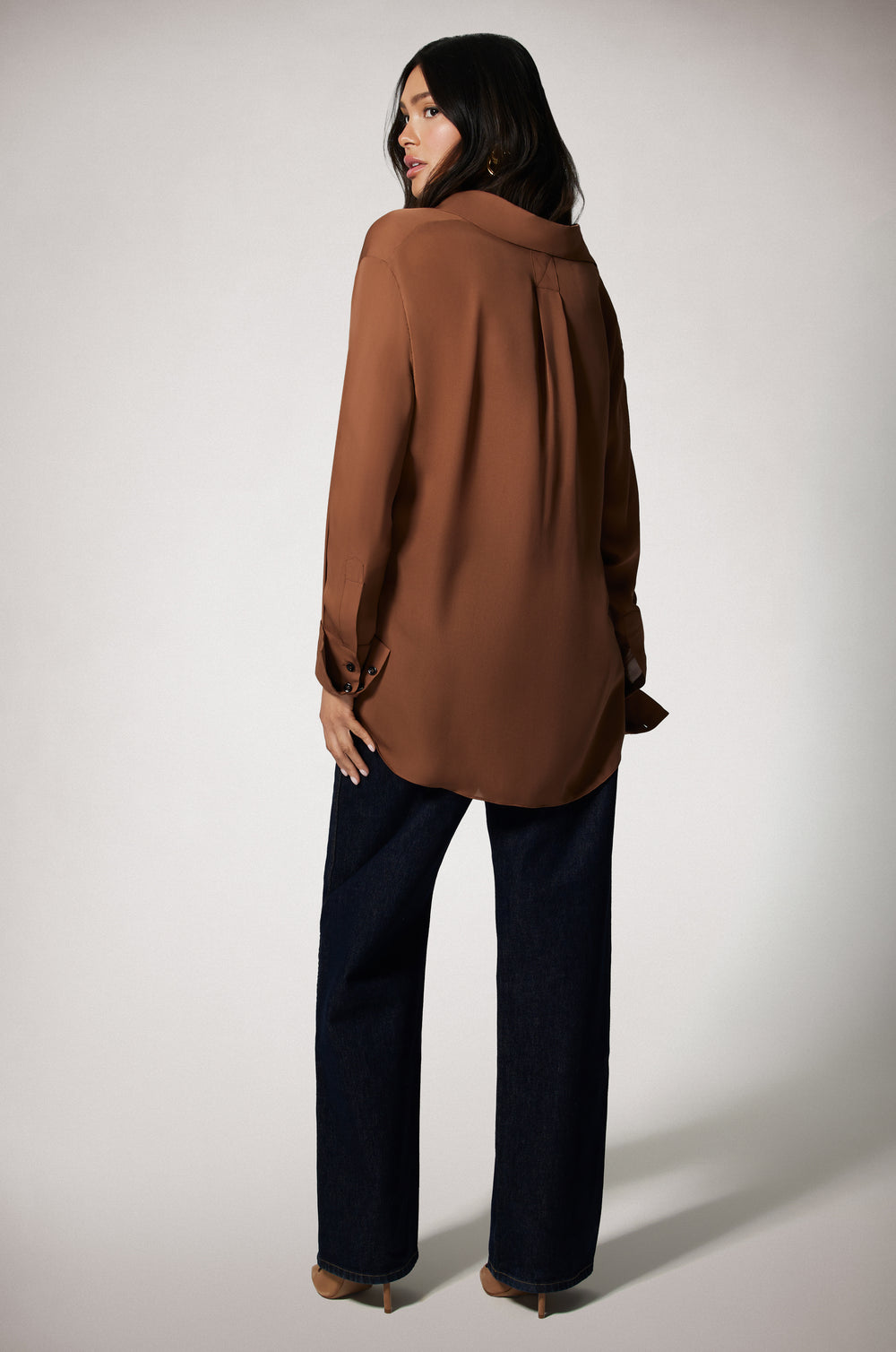 Light Brown Silk Georgette Button Up Lightweight Shirt Back