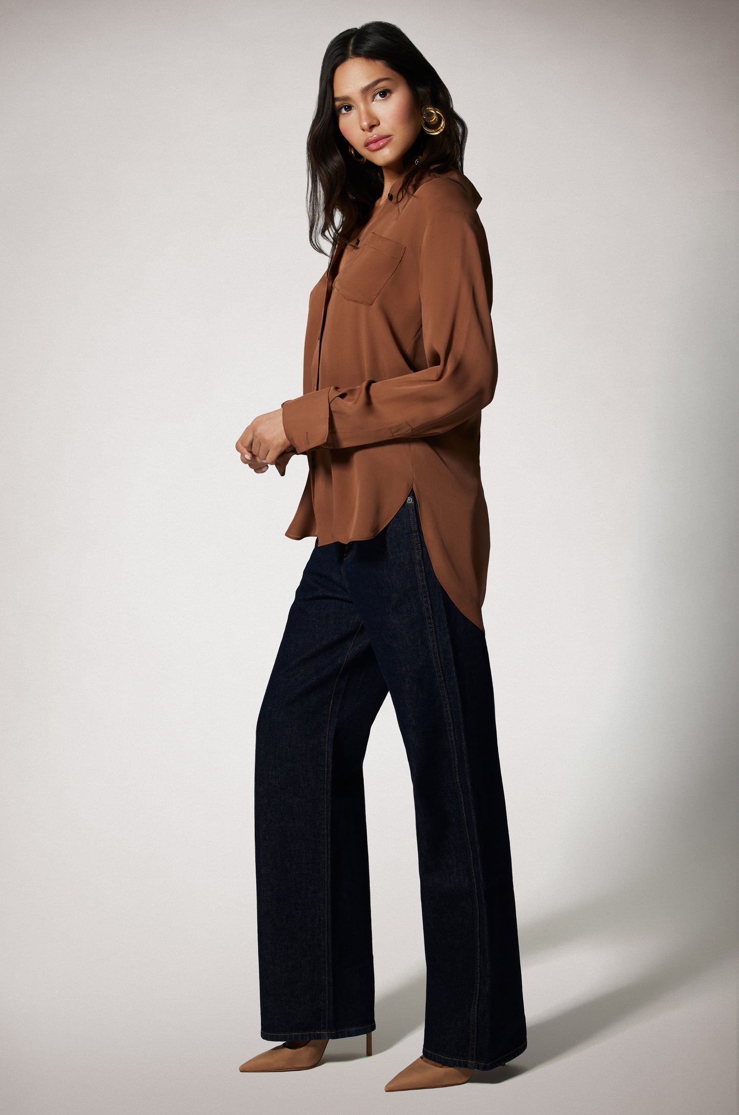 Light Brown Silk Georgette Button Up Lightweight Shirt Front