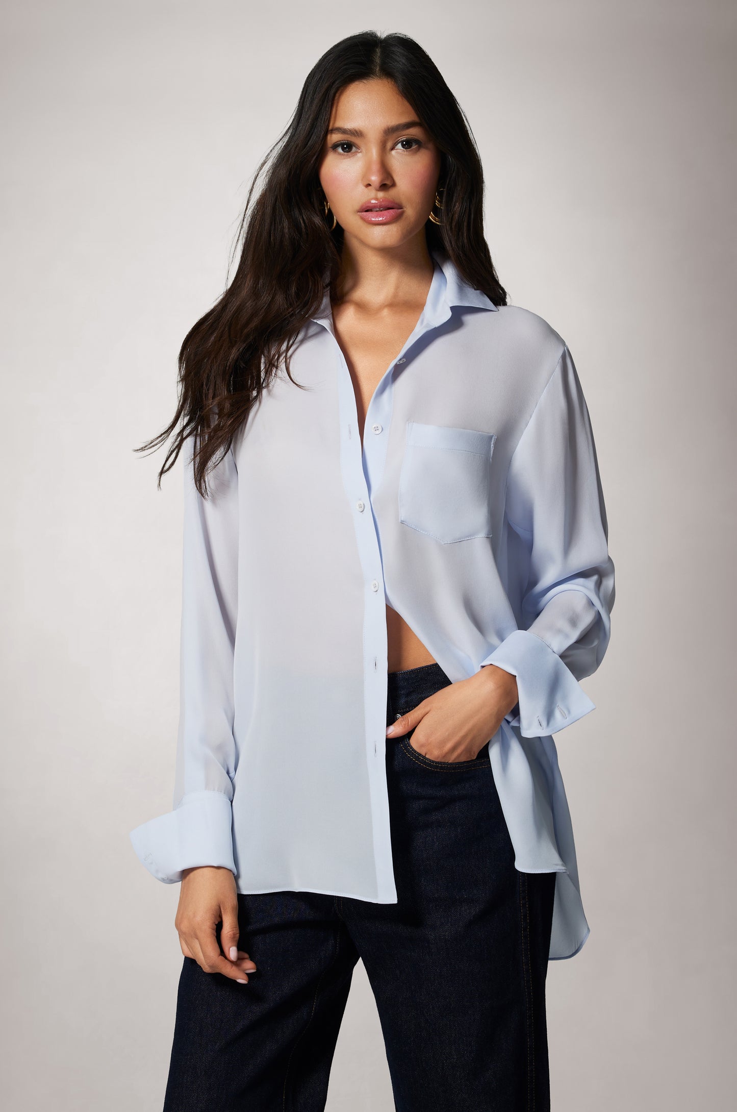 Light Blue Silk Georgette Button Up Lightweight Shirt Front 
