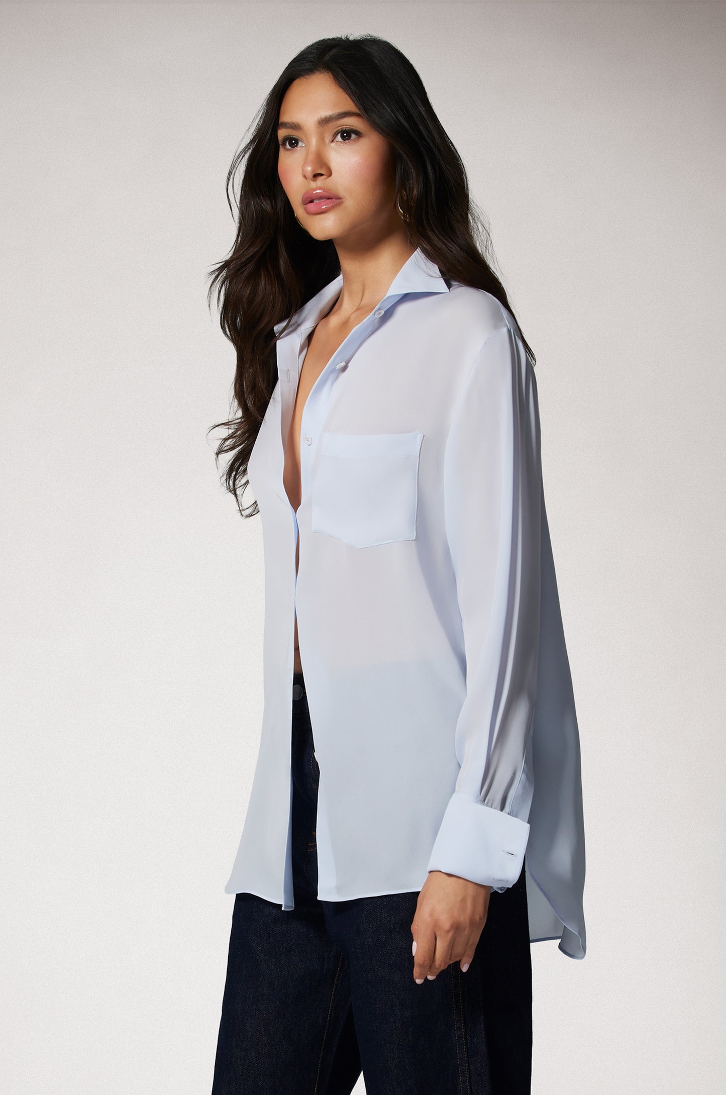 Light Blue Silk Georgette Button Up Lightweight Shirt Side