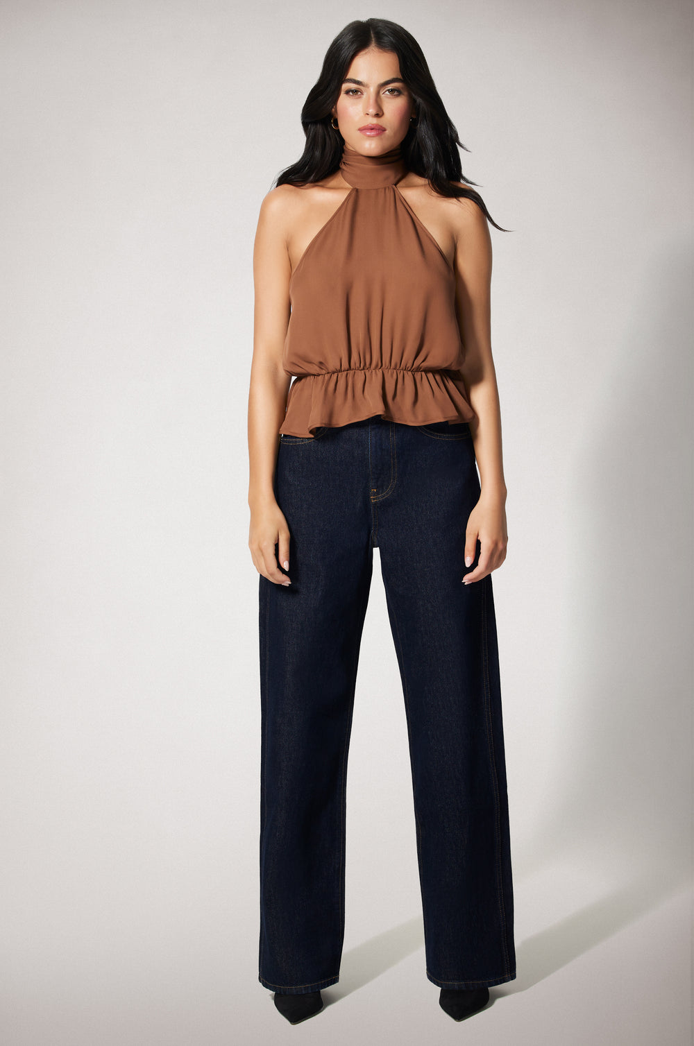 Light Brown Cinched Waist Ruffled End Low Back Halter Top Front