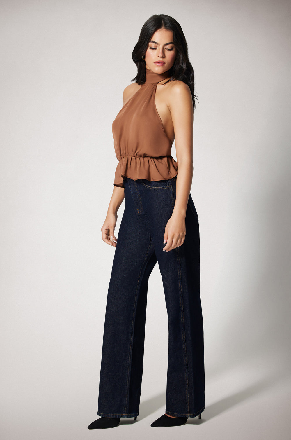 Light Brown Cinched Waist Ruffled End Low Back Halter Top Side