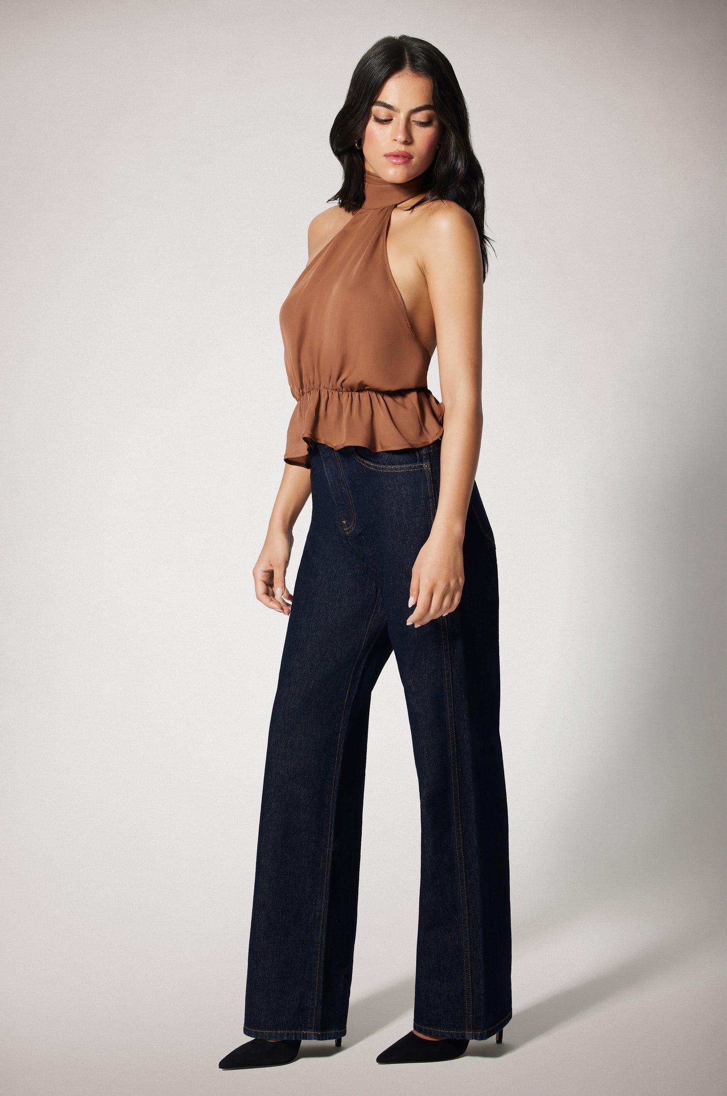 Light Brown Cinched Waist Ruffled End Low Back Halter Top Side