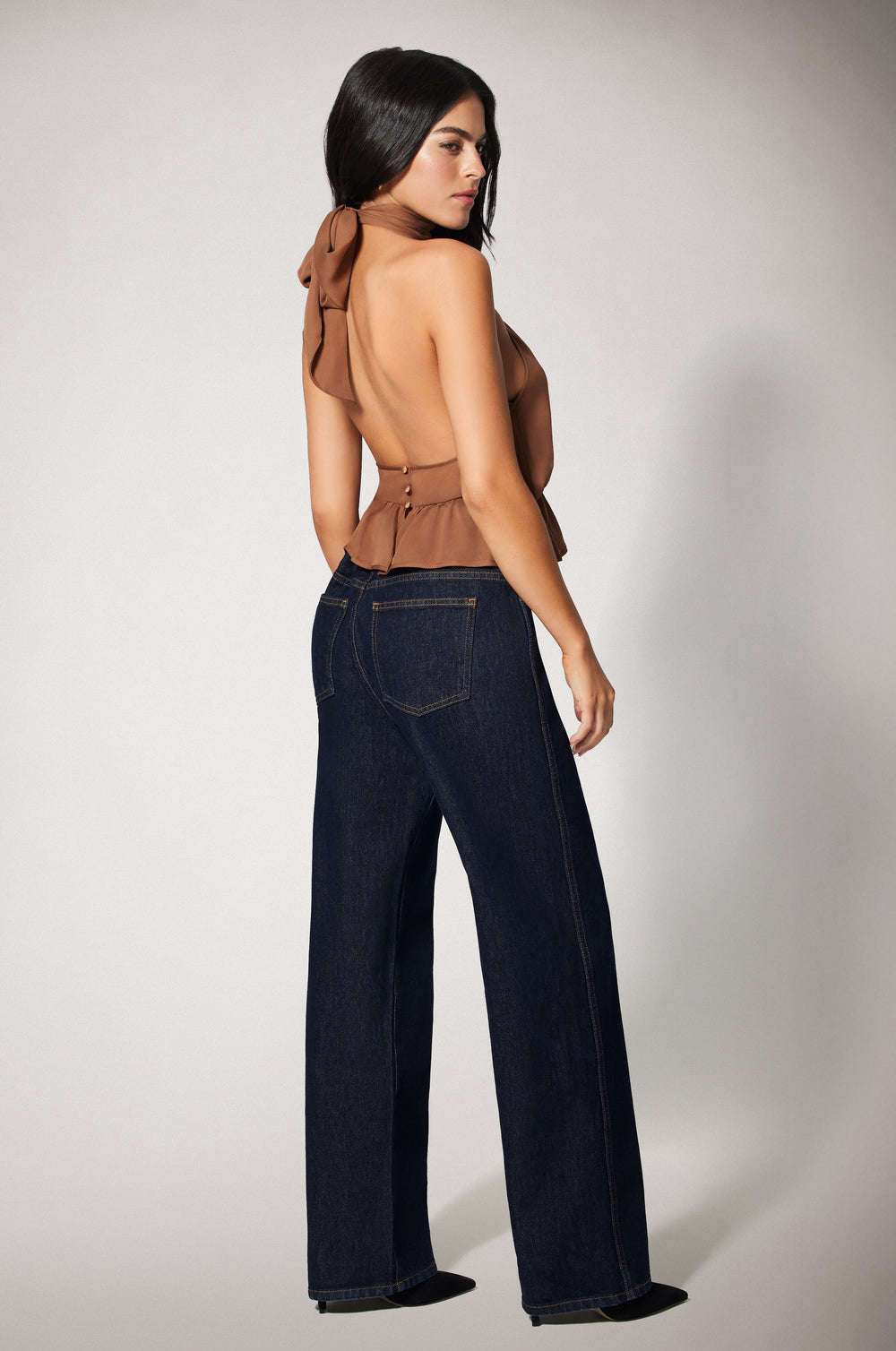 Light Brown Cinched Waist Ruffled End Low Back Halter Top Back