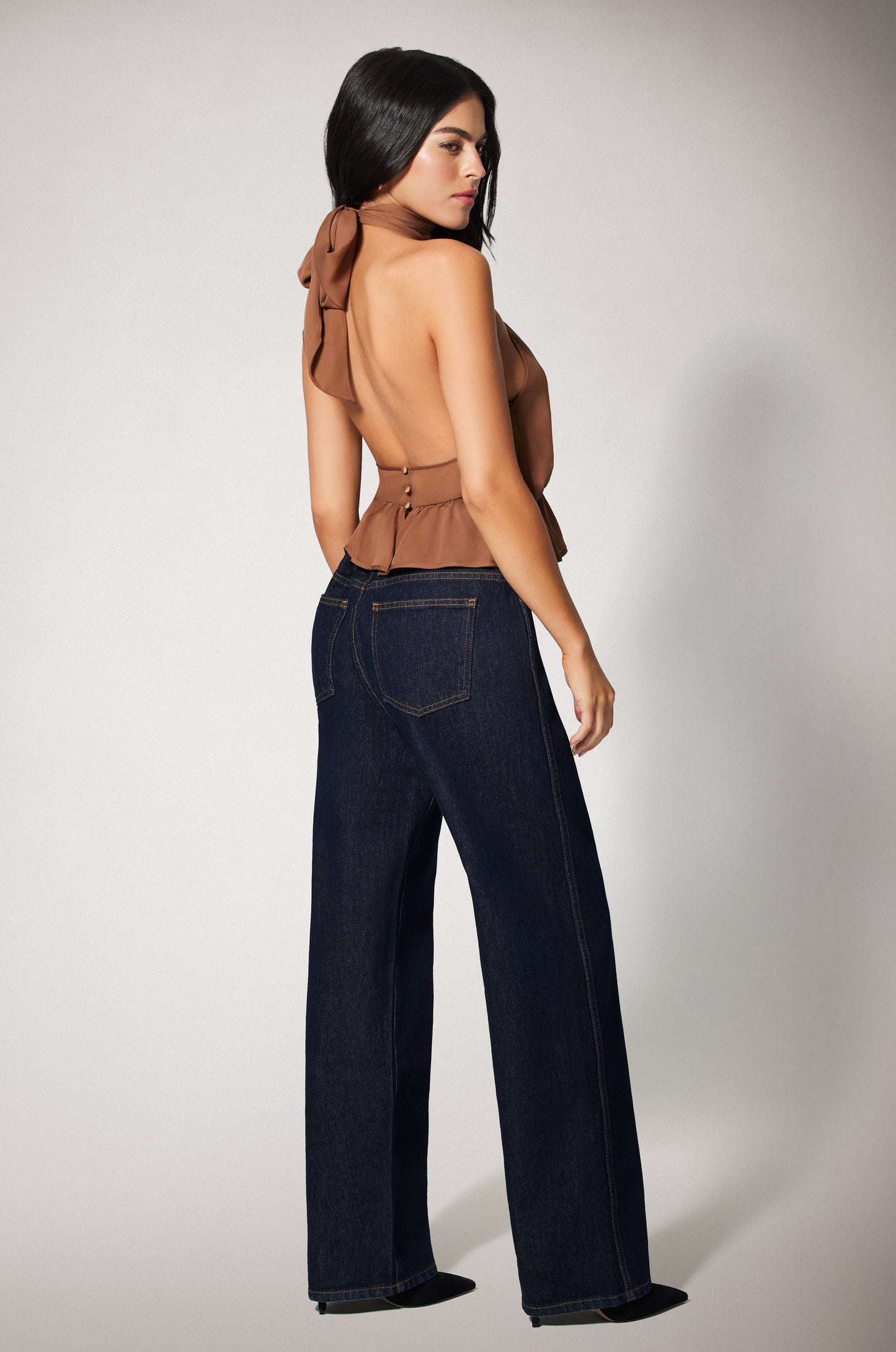 Light Brown Cinched Waist Ruffled End Low Back Halter Top Back