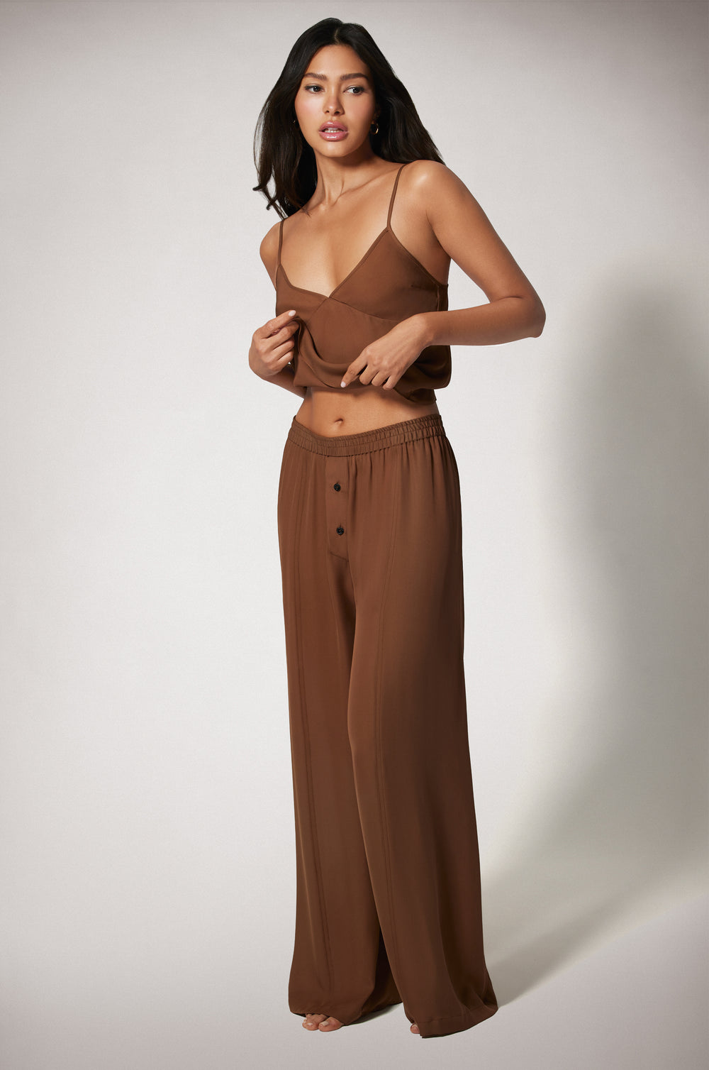 Light Brown Cinched High Waist Two Button Loose Fit Lightweight Boxer Pant Front