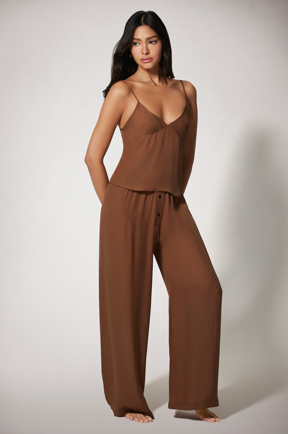 Light Brown Cinched High Waist Two Button Loose Fit Lightweight Boxer Pant and Cami Top Side