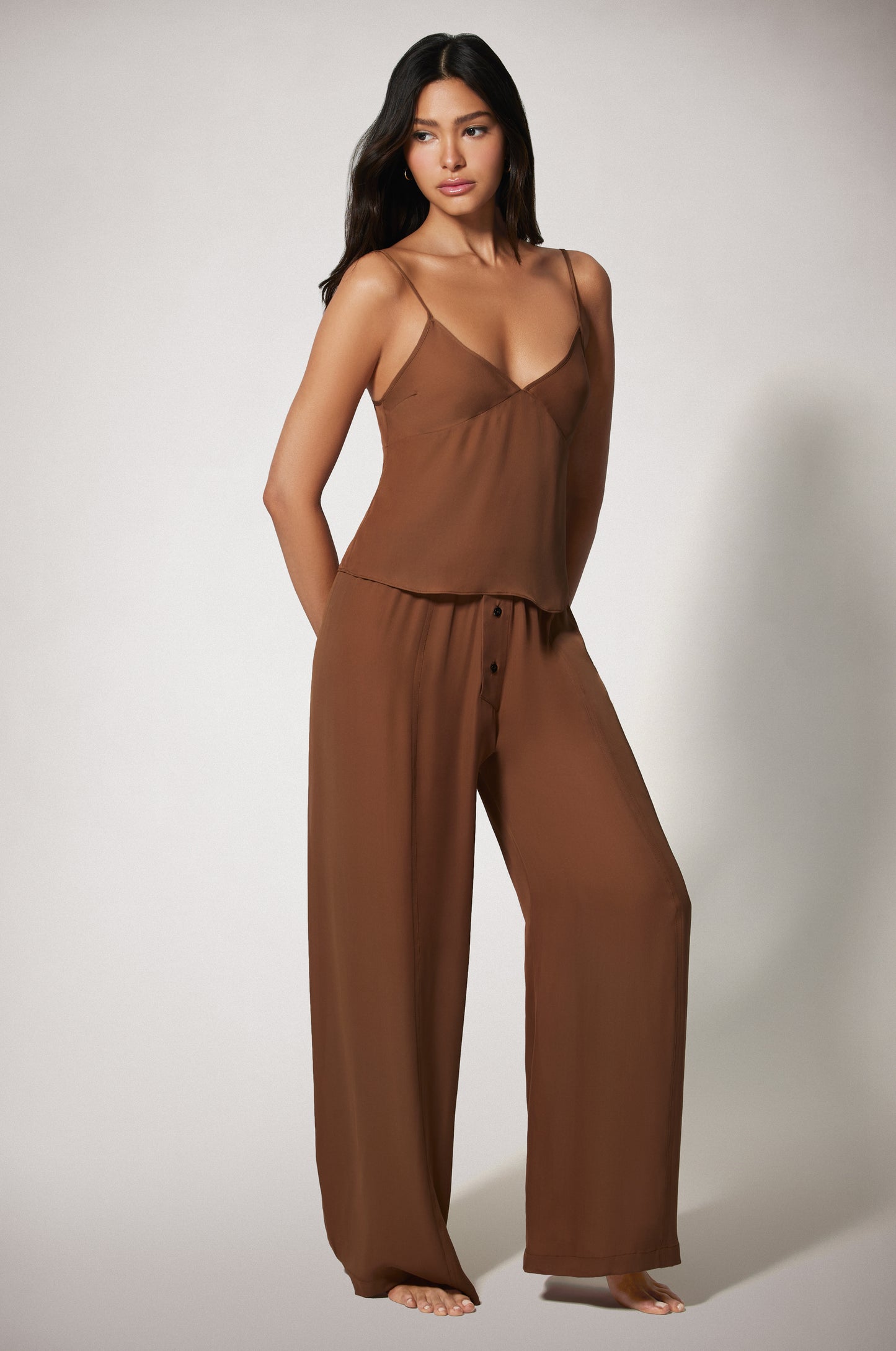 Light Brown Cinched High Waist Two Button Loose Fit Lightweight Boxer Pant and Cami Top Side