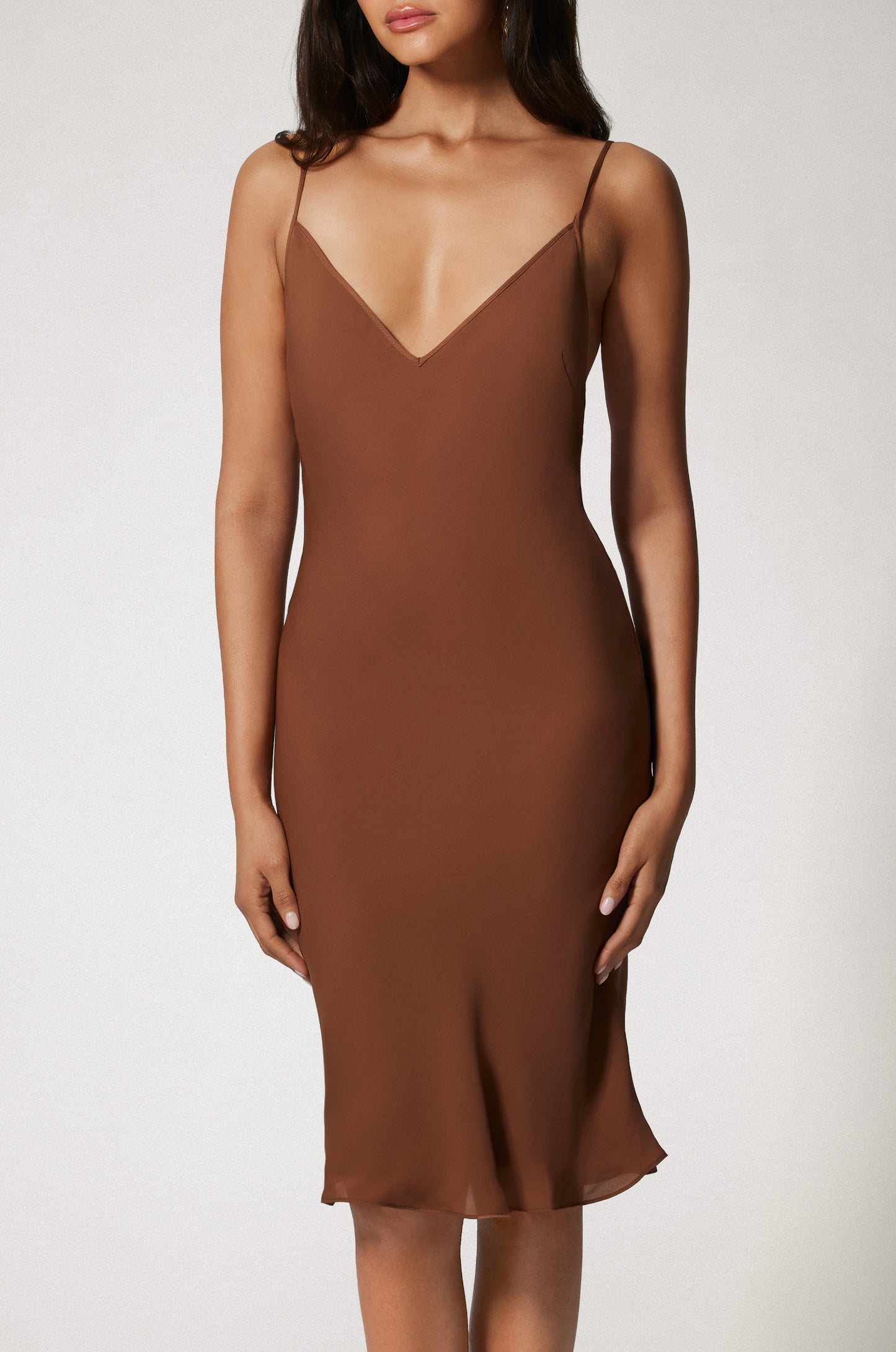 Light Brown Spaghetti Strap V-Neck Lightweight Midi Dress Front