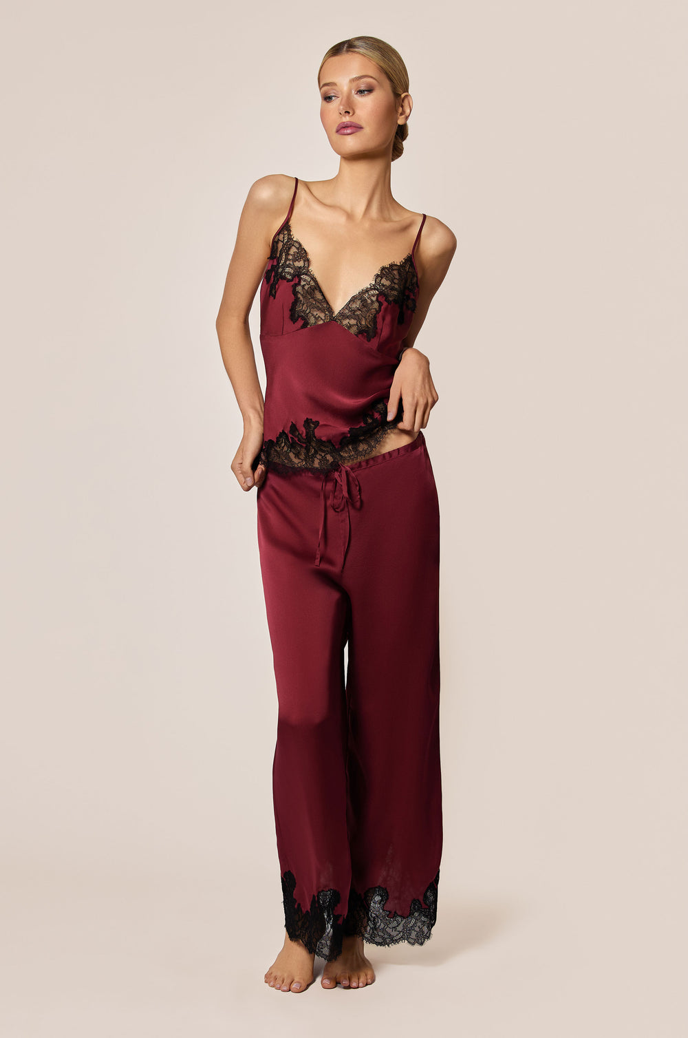 Brick Dust Red Satin Black Lace Detail Straight Leg Drawstring Pant Pant Front
