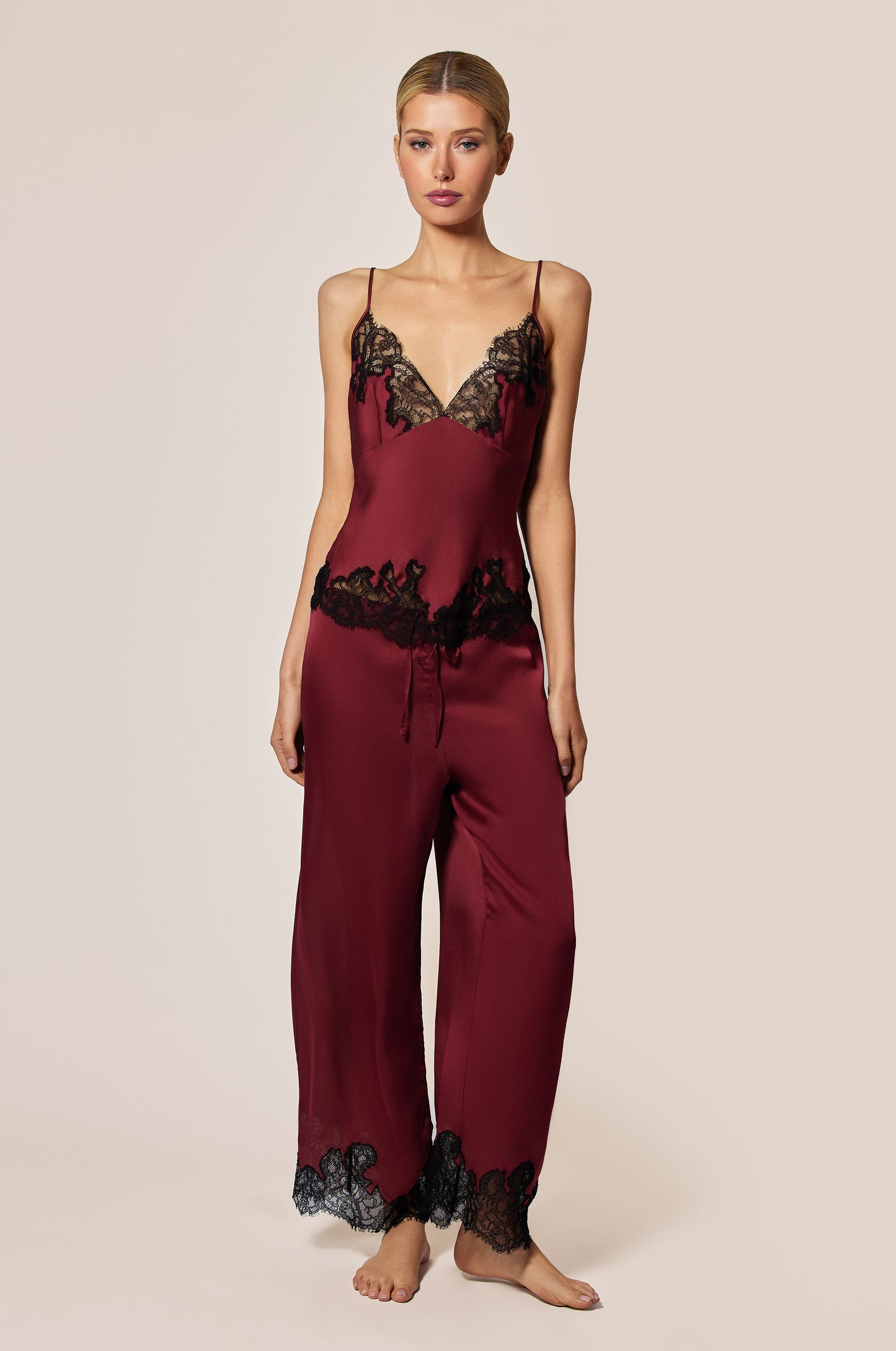 Brick Dust Red Satin Black Lace Detail Straight Leg Drawstring Pant Pant Front
