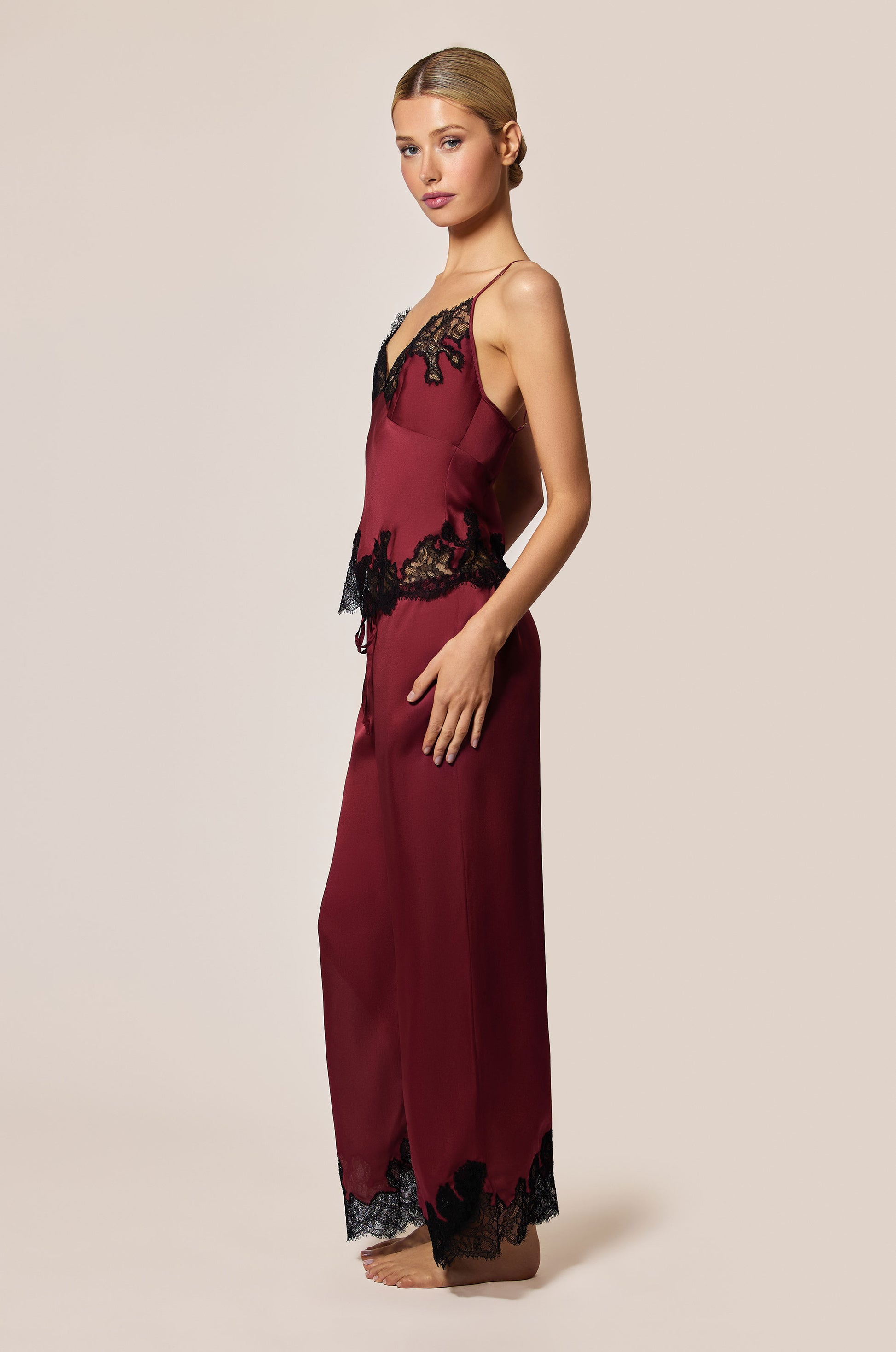 Brick Dust Red Satin Black Lace Detail Straight Leg Drawstring Pant Pant Side