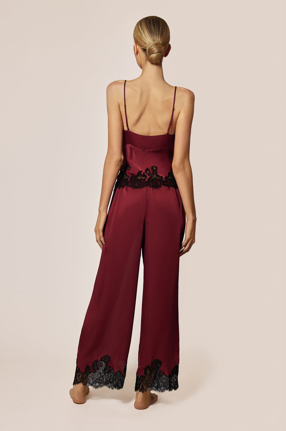 Brick Dust Red Satin V Neck Top With Black Lace Detail Back