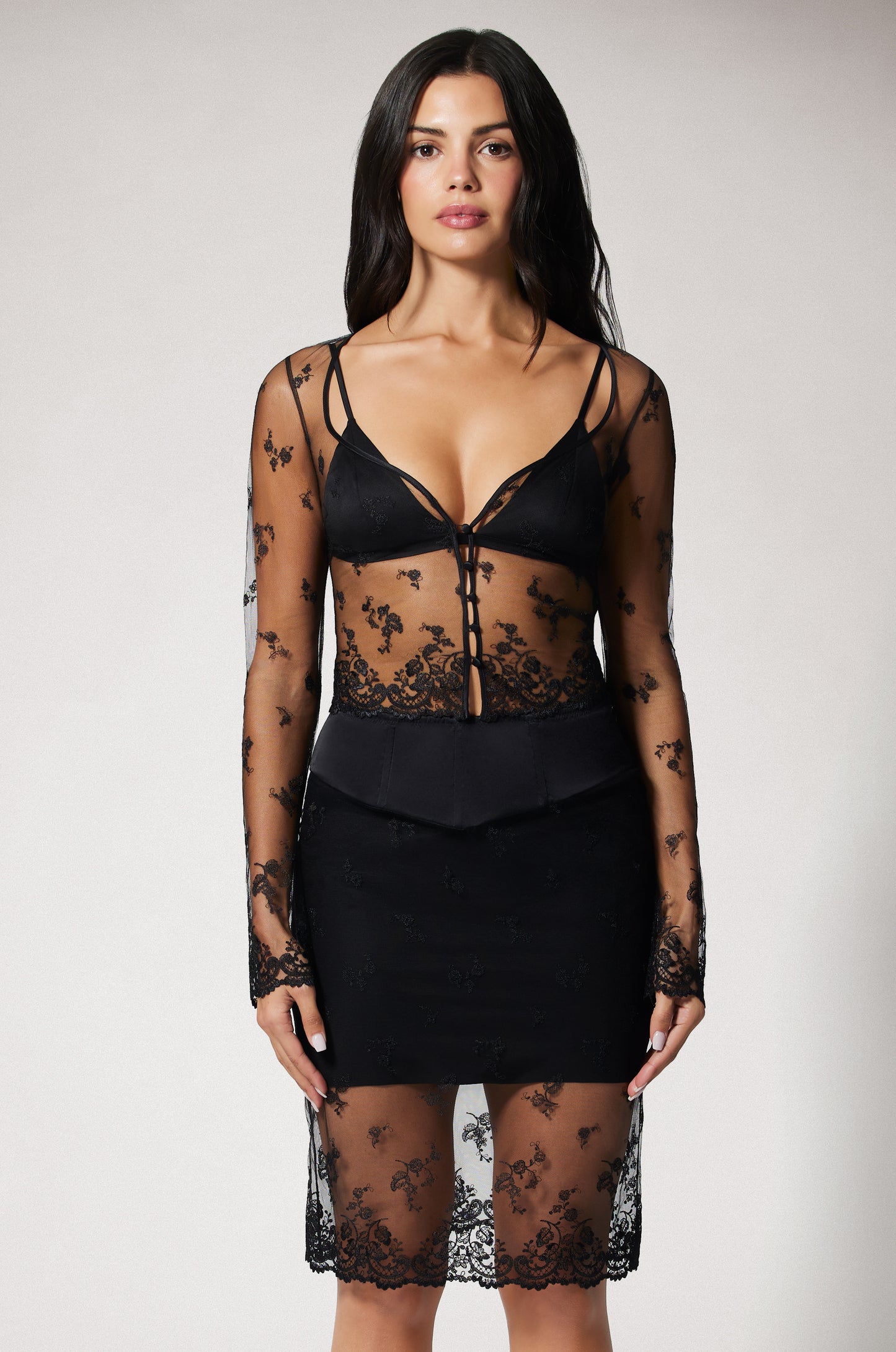 Black Embroidered Lace See Through Black Half Slip Slim Fit Pencil Skirt  Front