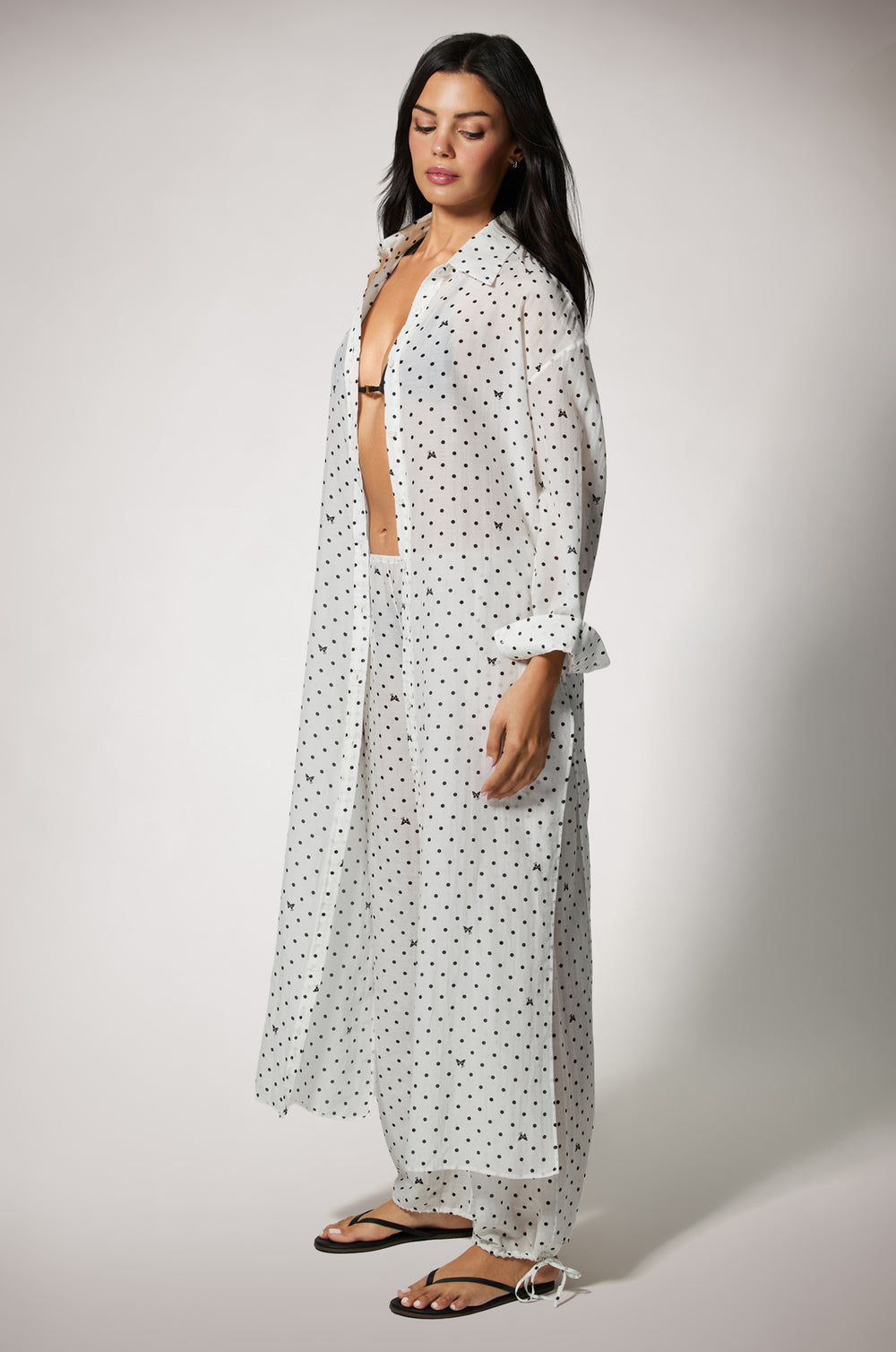 Button up long dress cover up resortwear in custom Kiki point print side