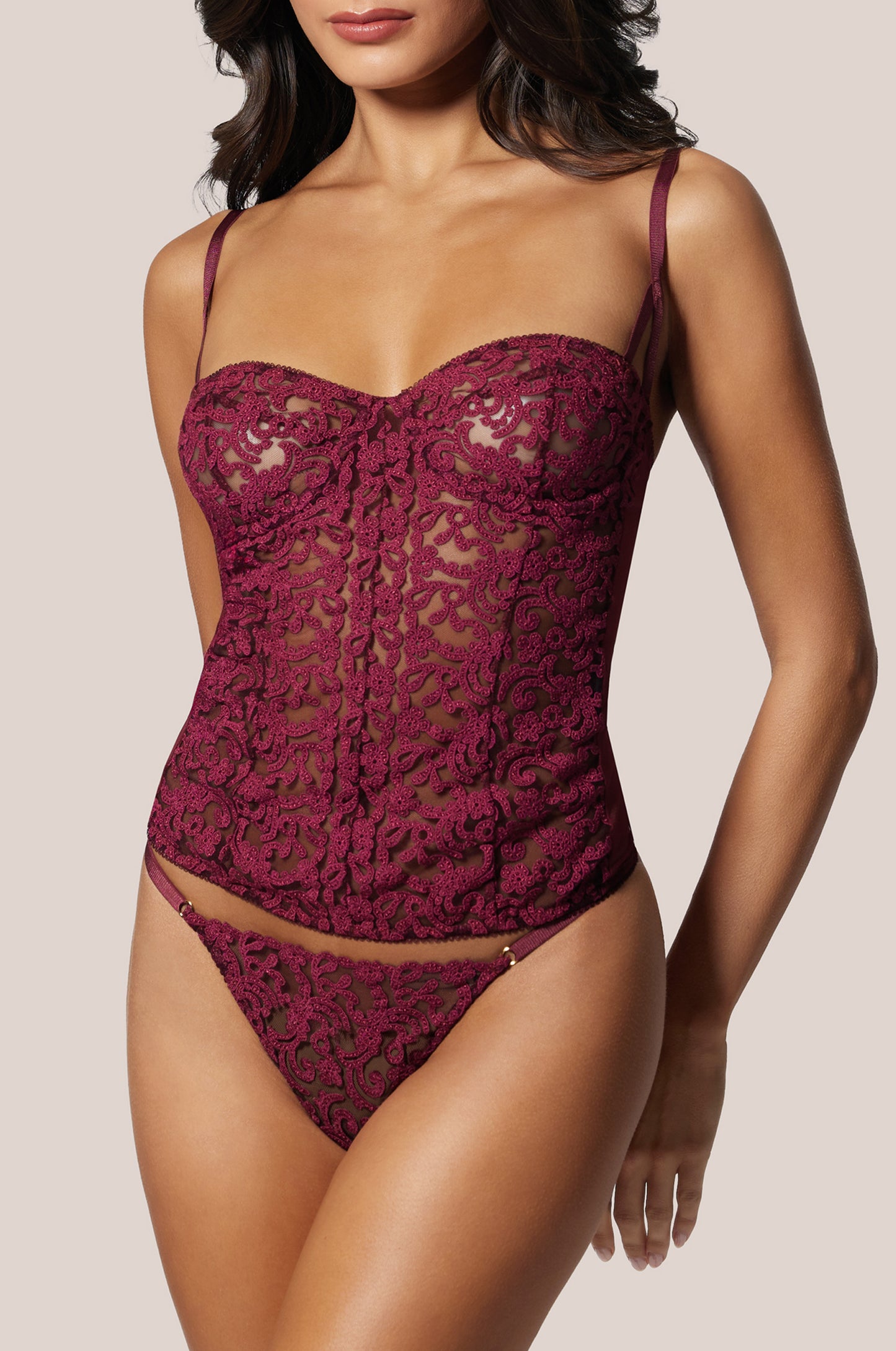Ruby Burgundy Lace Bustier with Straps and  Lace G-String Underwear Front