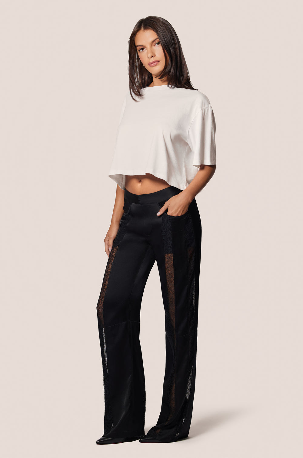 Black Floral Lace Panel Silk Satin Straight Leg Pant   Side