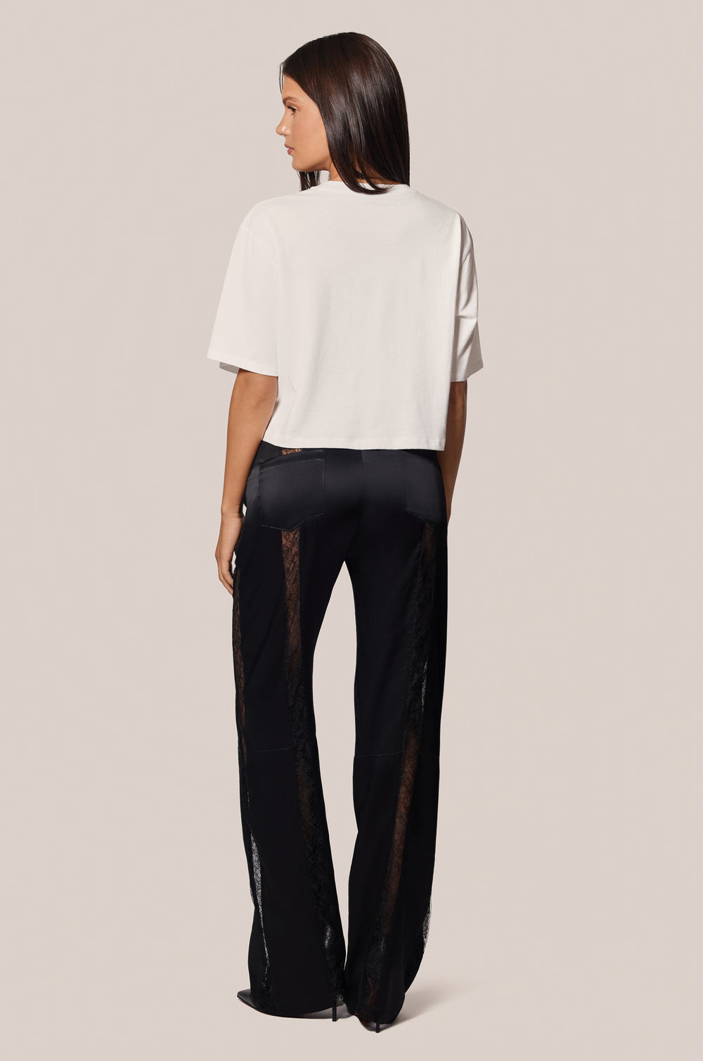Black Floral Lace Panel Silk Satin Straight Leg Pant  Back