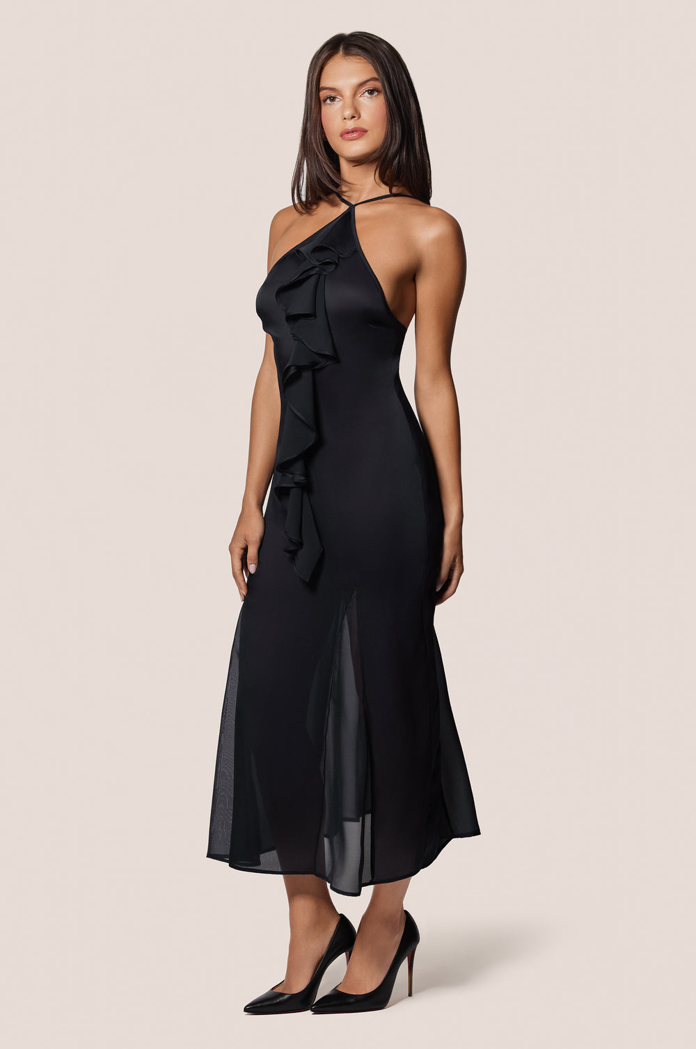Black Silk Ruffle Backless Cowl Neck Mini Dress Side