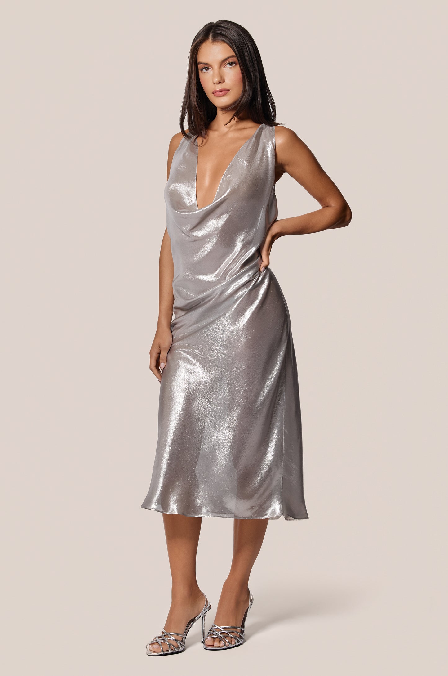Liquid Silver Shiny Cowl Neck Midi Dress Front